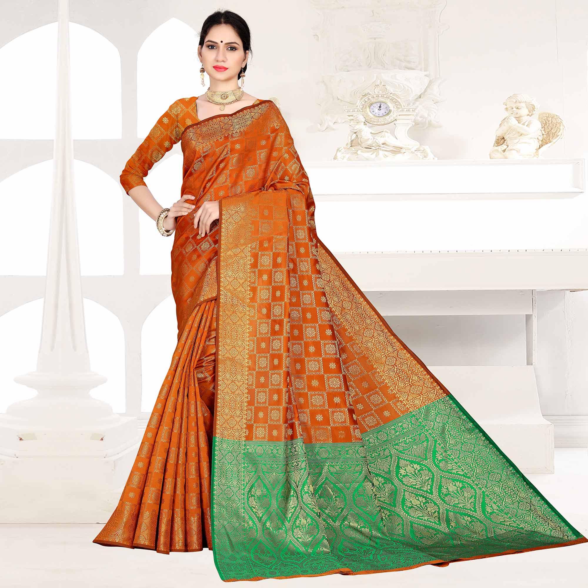 Stunning Orange Colored Festive Wear Woven Silk Saree - Peachmode