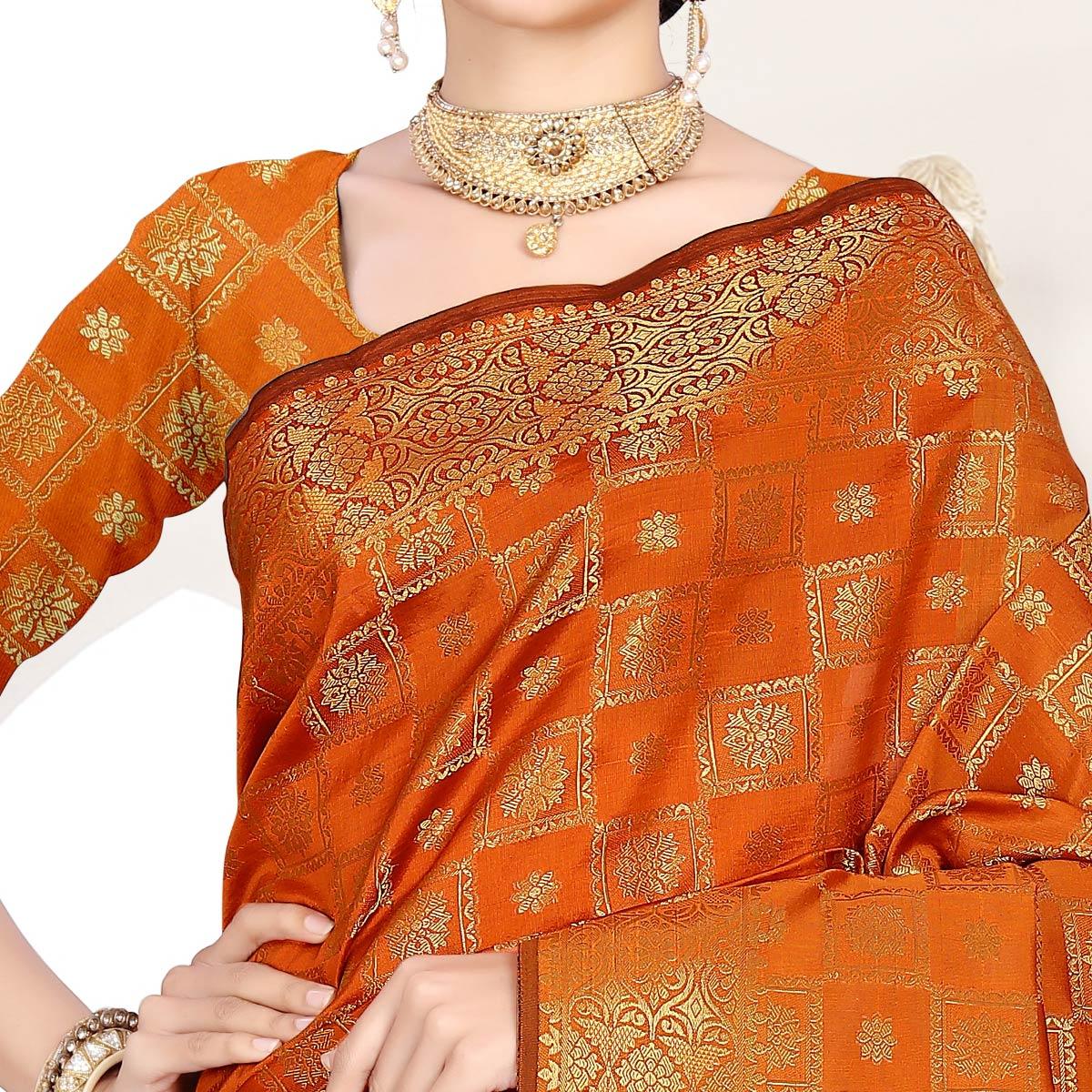 Stunning Orange Colored Festive Wear Woven Silk Saree - Peachmode