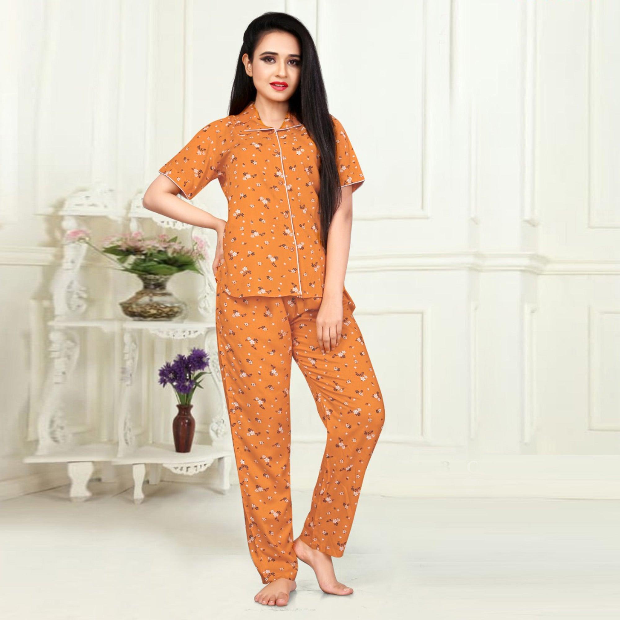 Stunning Orange Colored Printed Cotton Rayon Night Suit - Peachmode
