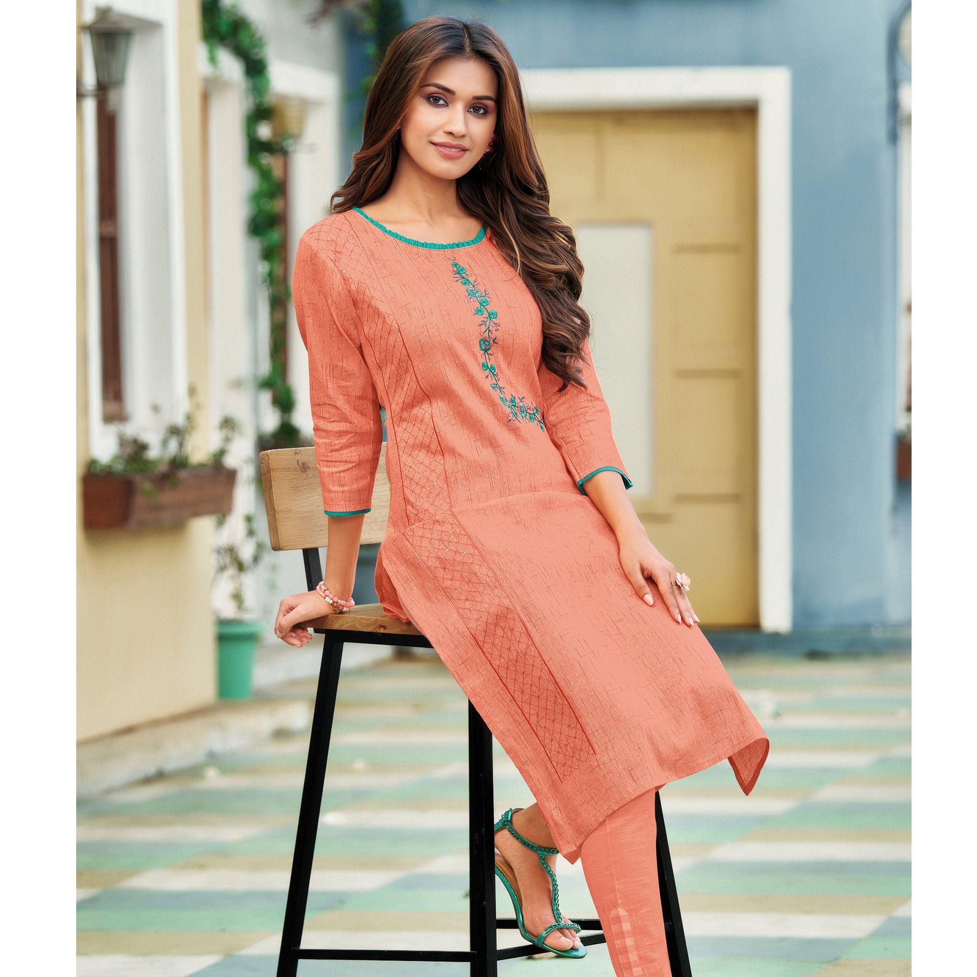 Stunning Peach Colored Casual Wear Embroidered Heavy Pure Cotton Kurti - Peachmode