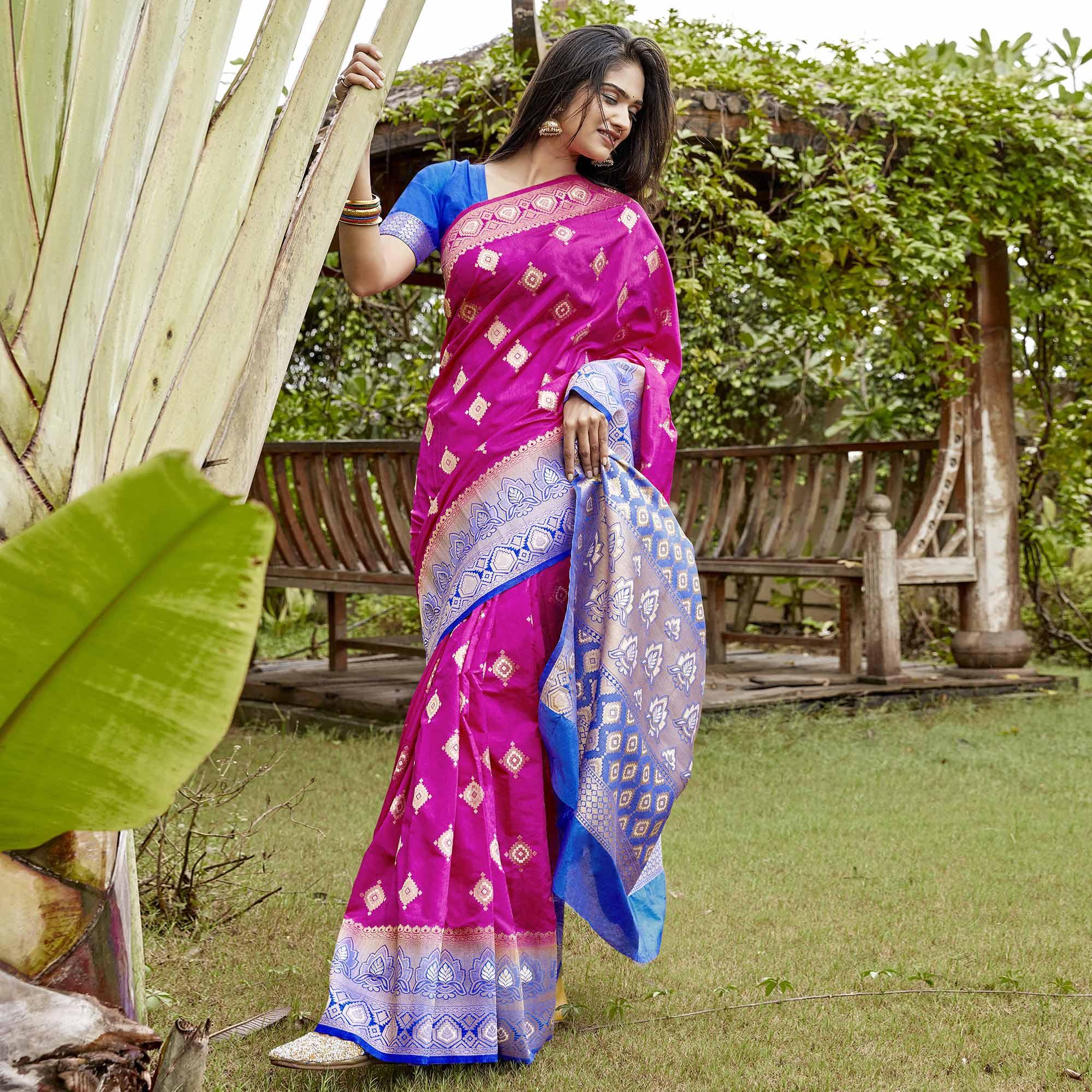 Stunning Pink Colored Festive Wear Woven Banarasi Silk Saree - Peachmode