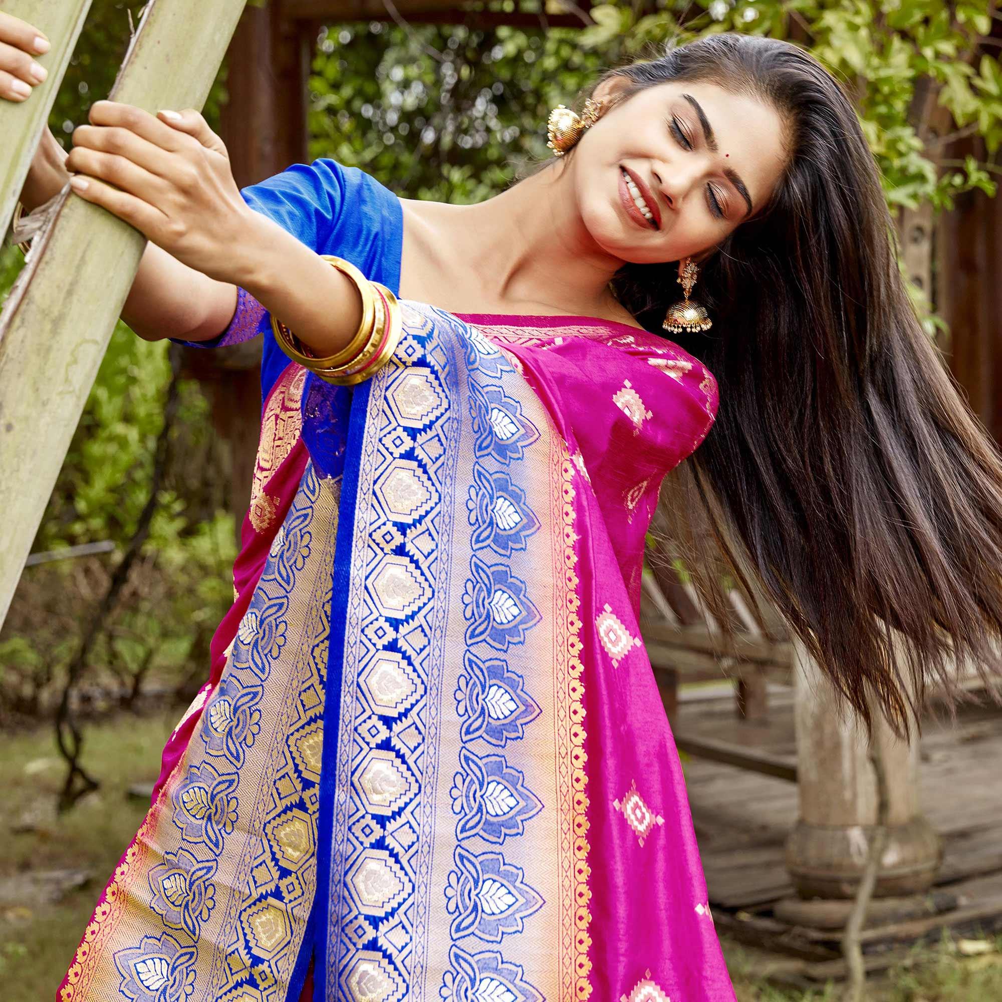 Stunning Pink Colored Festive Wear Woven Banarasi Silk Saree - Peachmode
