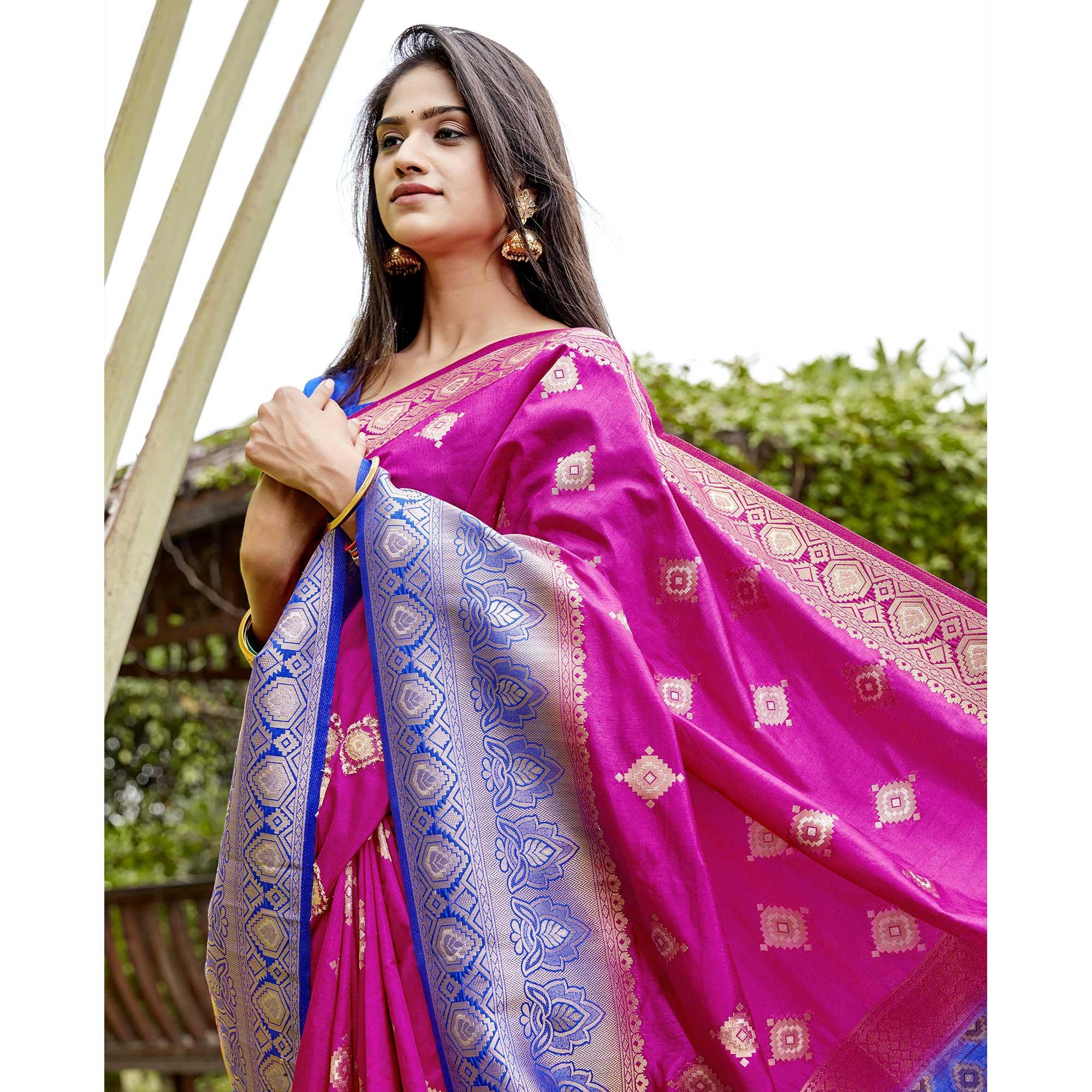 Stunning Pink Colored Festive Wear Woven Banarasi Silk Saree - Peachmode