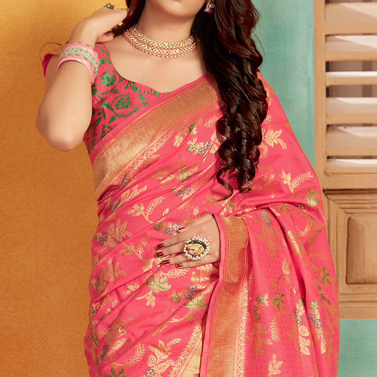 Stunning Pink Colored Festive Wear Woven Silk Saree - Peachmode