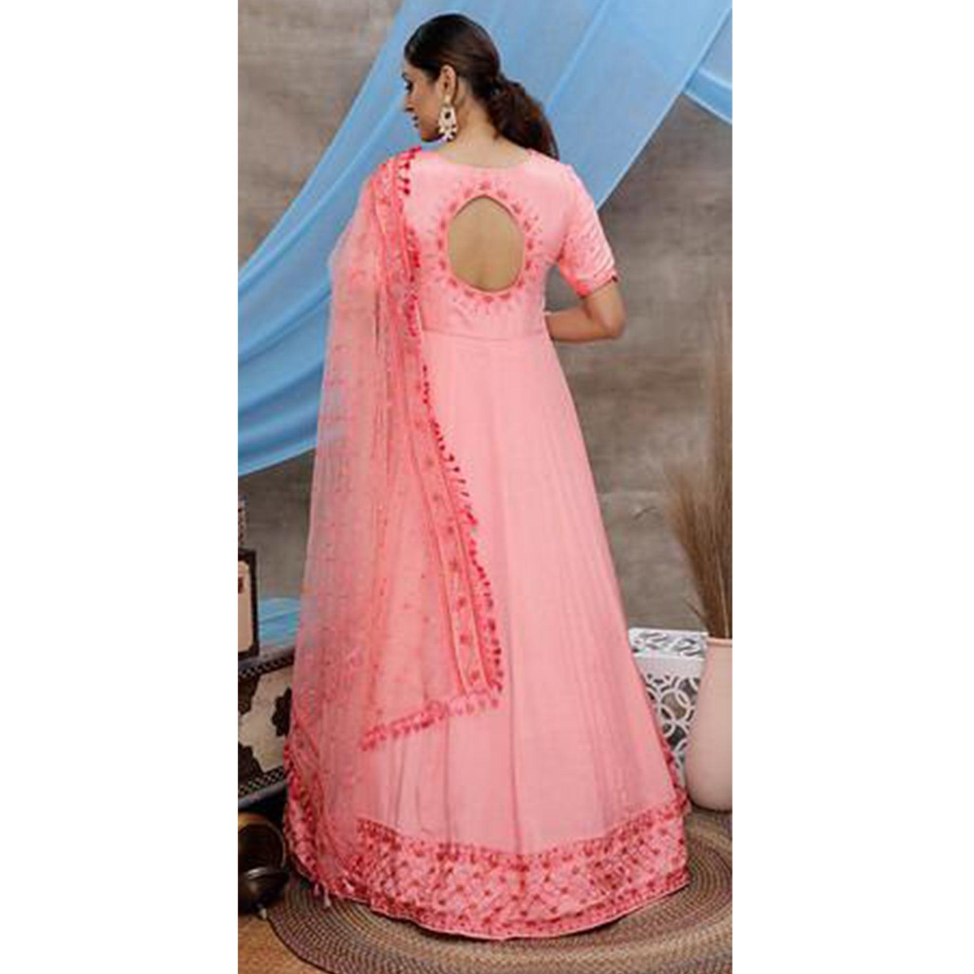 Stunning Pink Colored Partywear Embroidered Silk Anarkali Suit - Peachmode