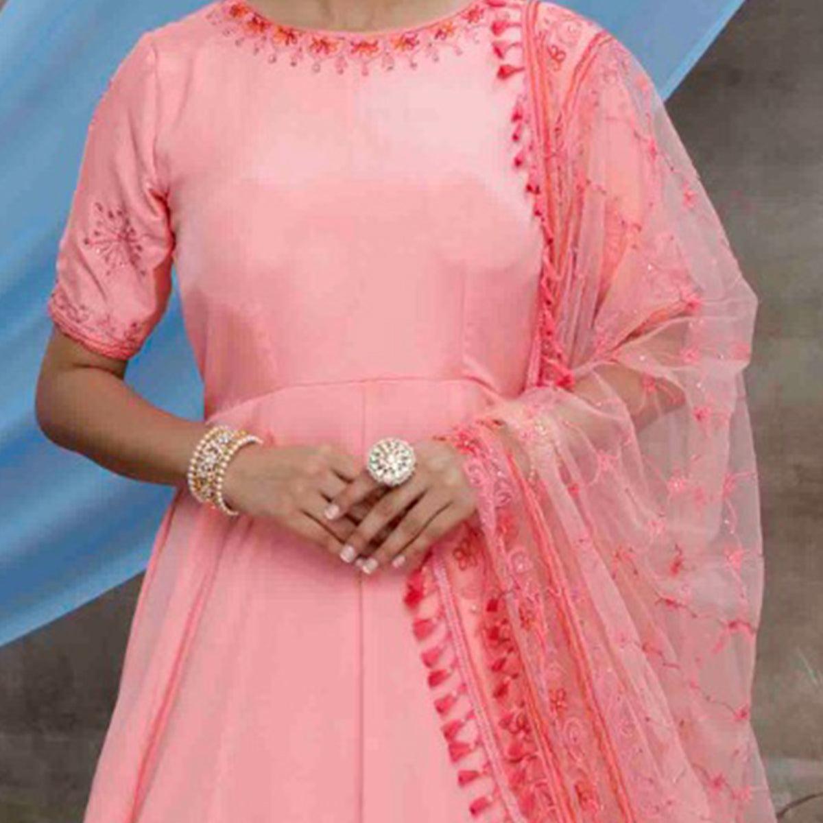 Stunning Pink Colored Partywear Embroidered Silk Anarkali Suit - Peachmode