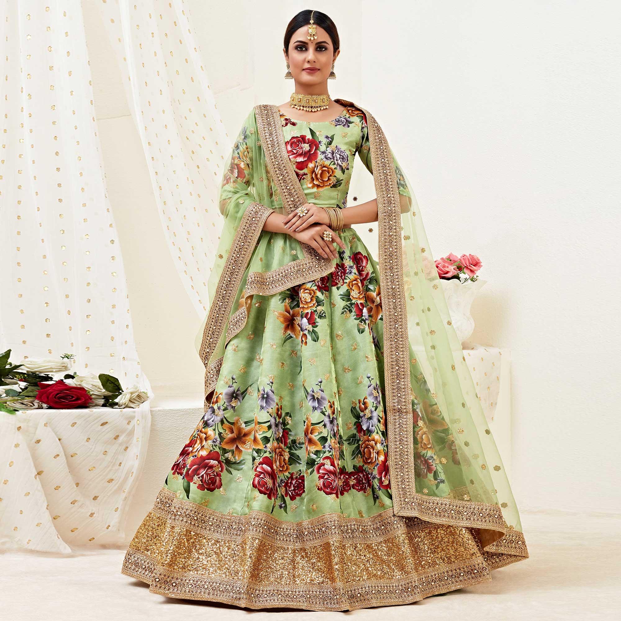 Stunning Pista Colored Designer Wedding Wear Floral Printed Banglori Satin Lehenga Choli - Peachmode