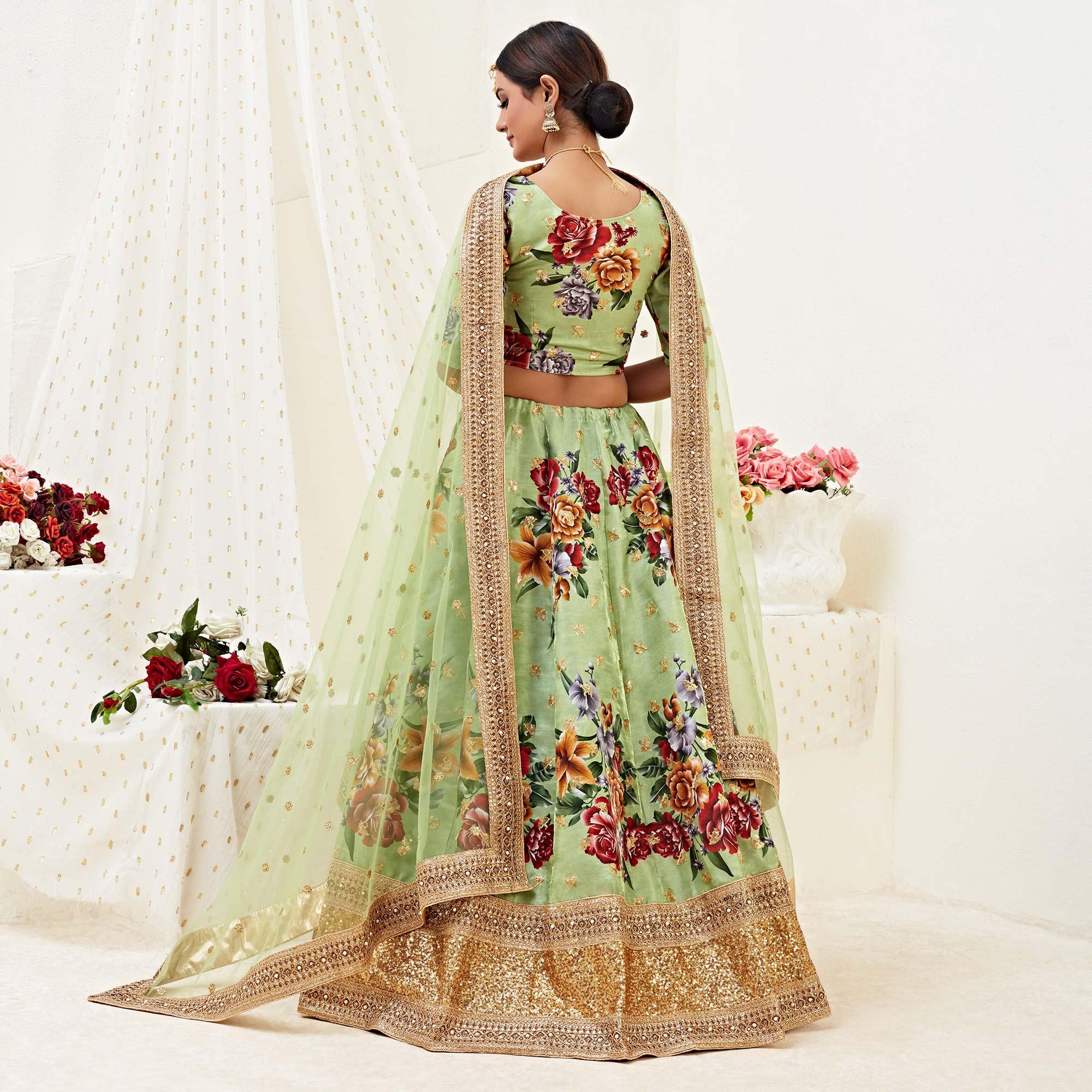 Stunning Pista Colored Designer Wedding Wear Floral Printed Banglori Satin Lehenga Choli - Peachmode
