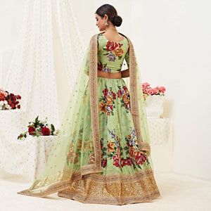 Stunning Pista Colored Designer Wedding Wear Floral Printed Banglori Satin Lehenga Choli - Peachmode