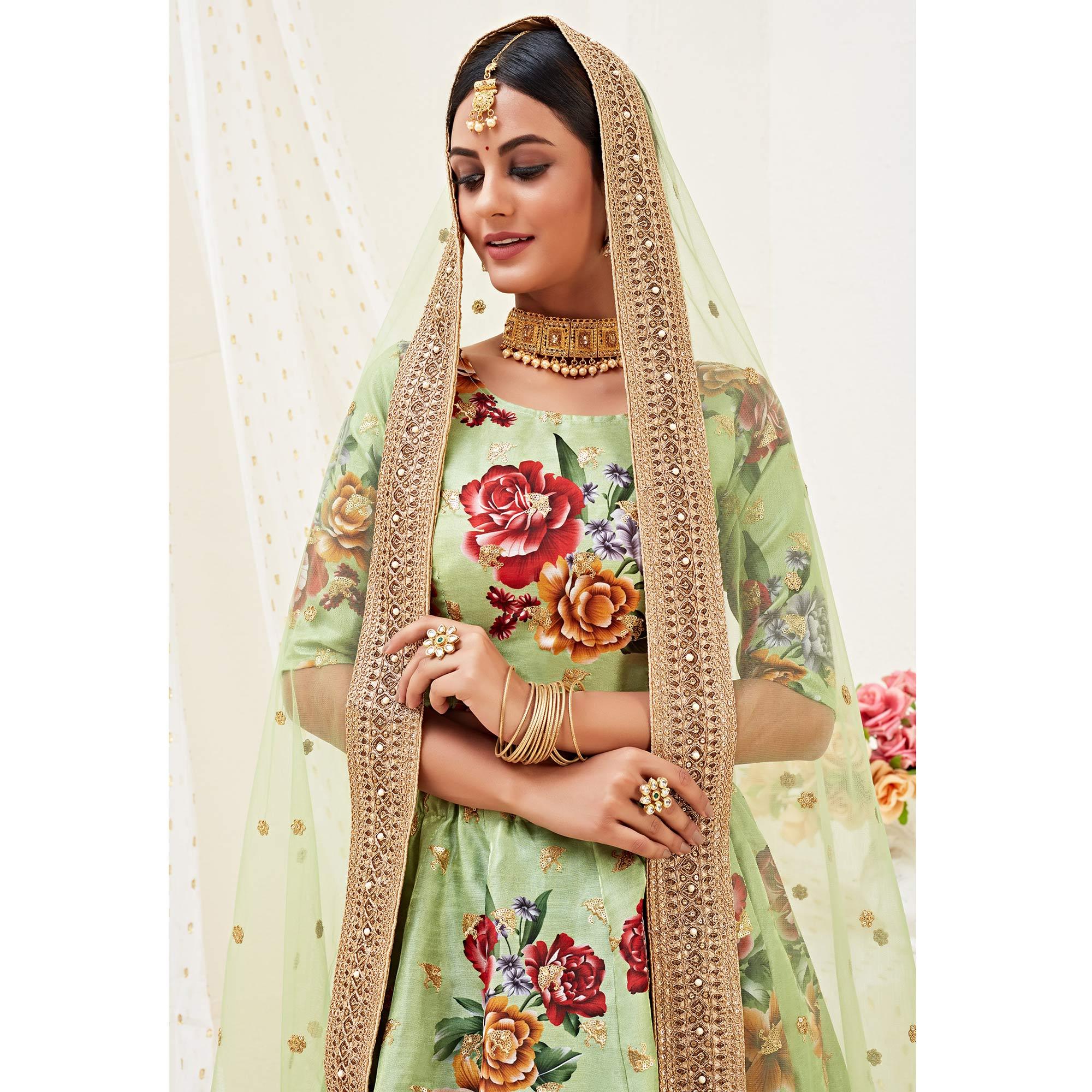 Stunning Pista Colored Designer Wedding Wear Floral Printed Banglori Satin Lehenga Choli - Peachmode