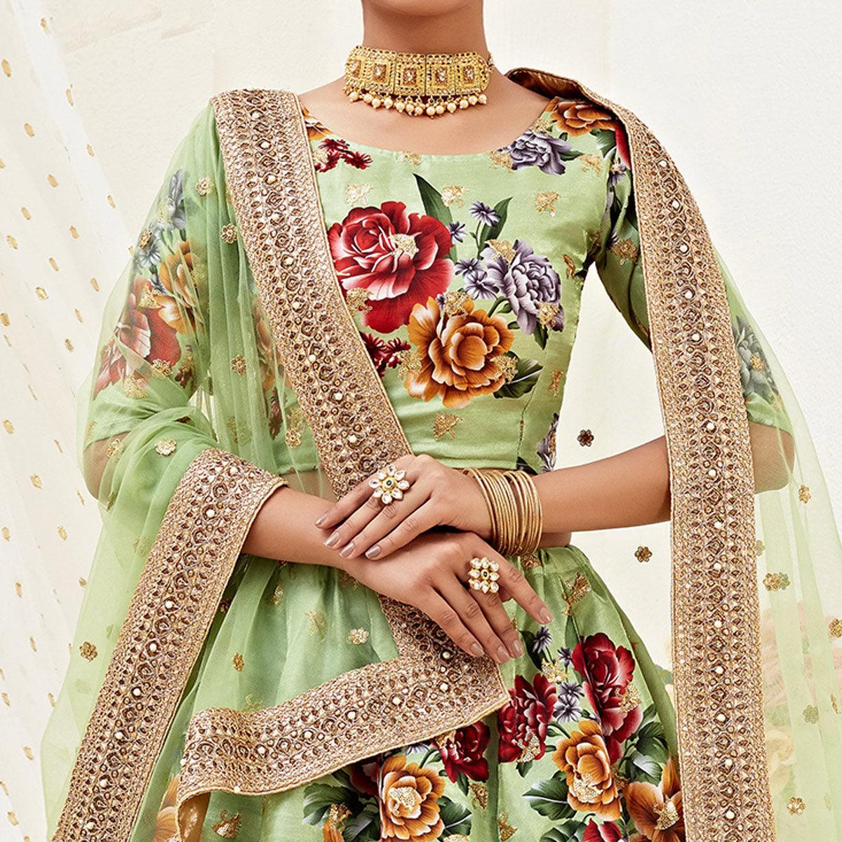 Stunning Pista Colored Designer Wedding Wear Floral Printed Banglori Satin Lehenga Choli - Peachmode