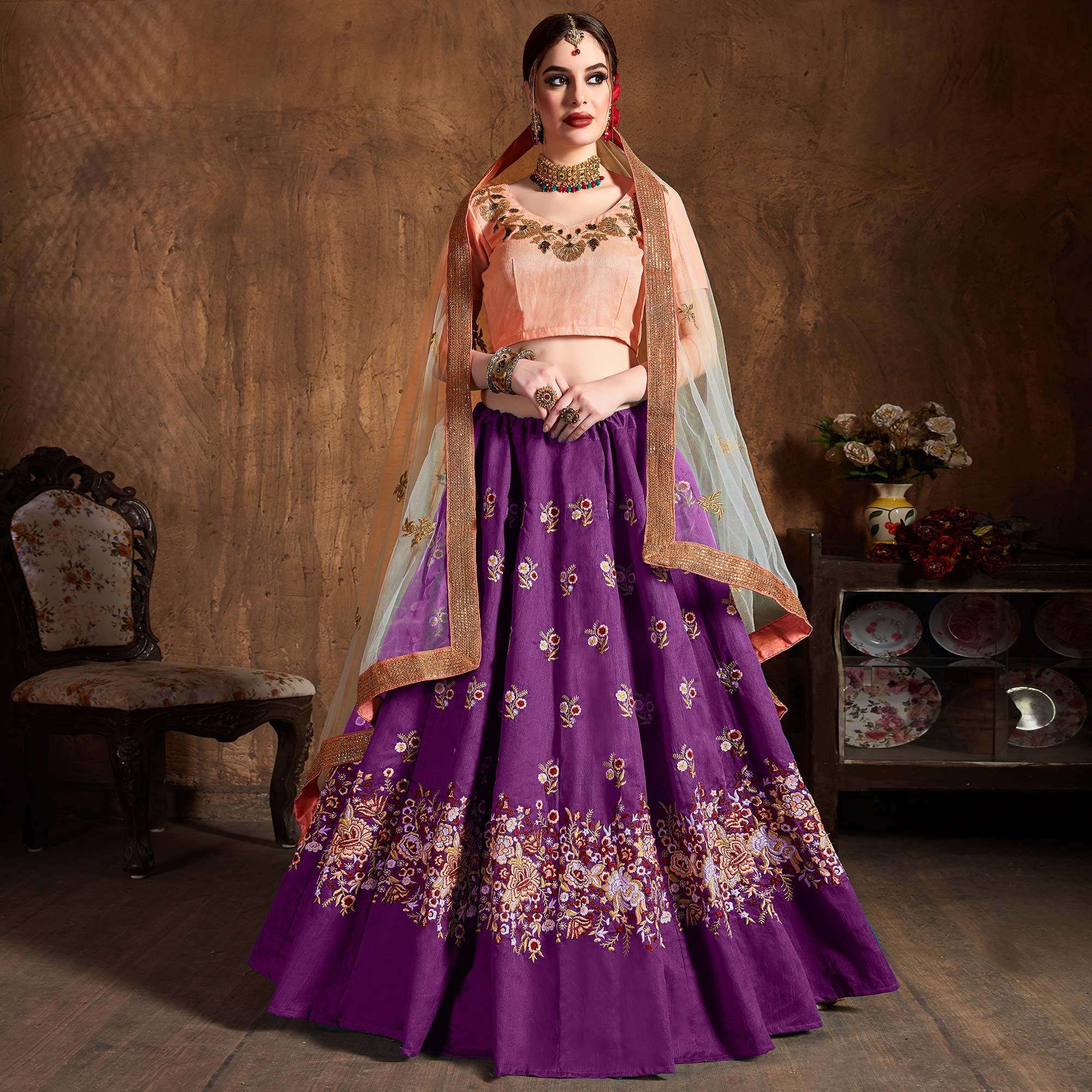 Stunning Purple Colored Floral Embroidered Banglori Silk Lehenga Choli - Peachmode