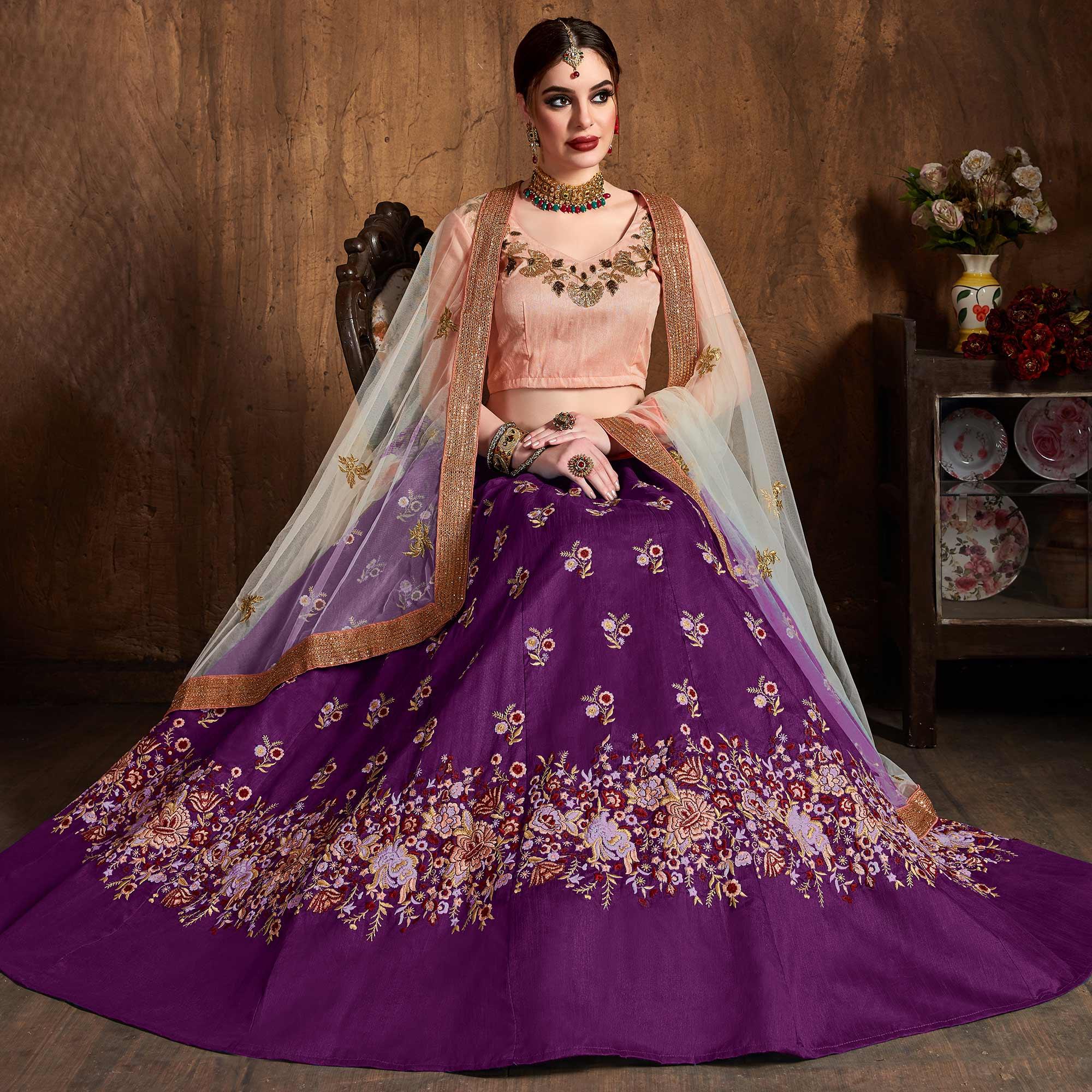 Stunning Purple Colored Floral Embroidered Banglori Silk Lehenga Choli - Peachmode