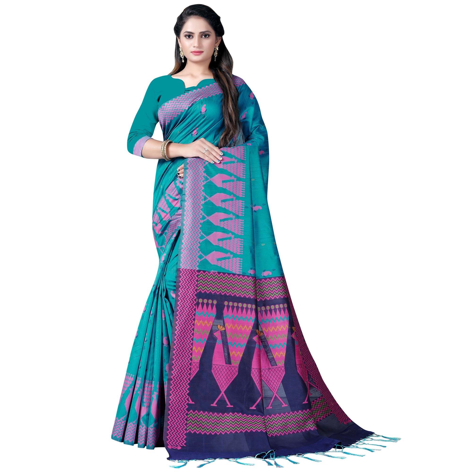 Stunning Rama Blue Colored Festive Wear Printed Cotton Saree - Peachmode