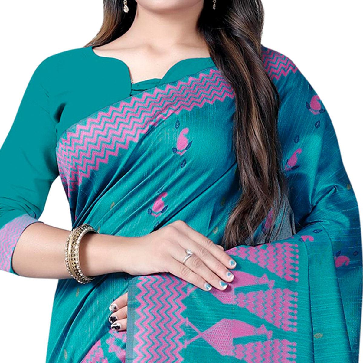 Stunning Rama Blue Colored Festive Wear Printed Cotton Saree - Peachmode