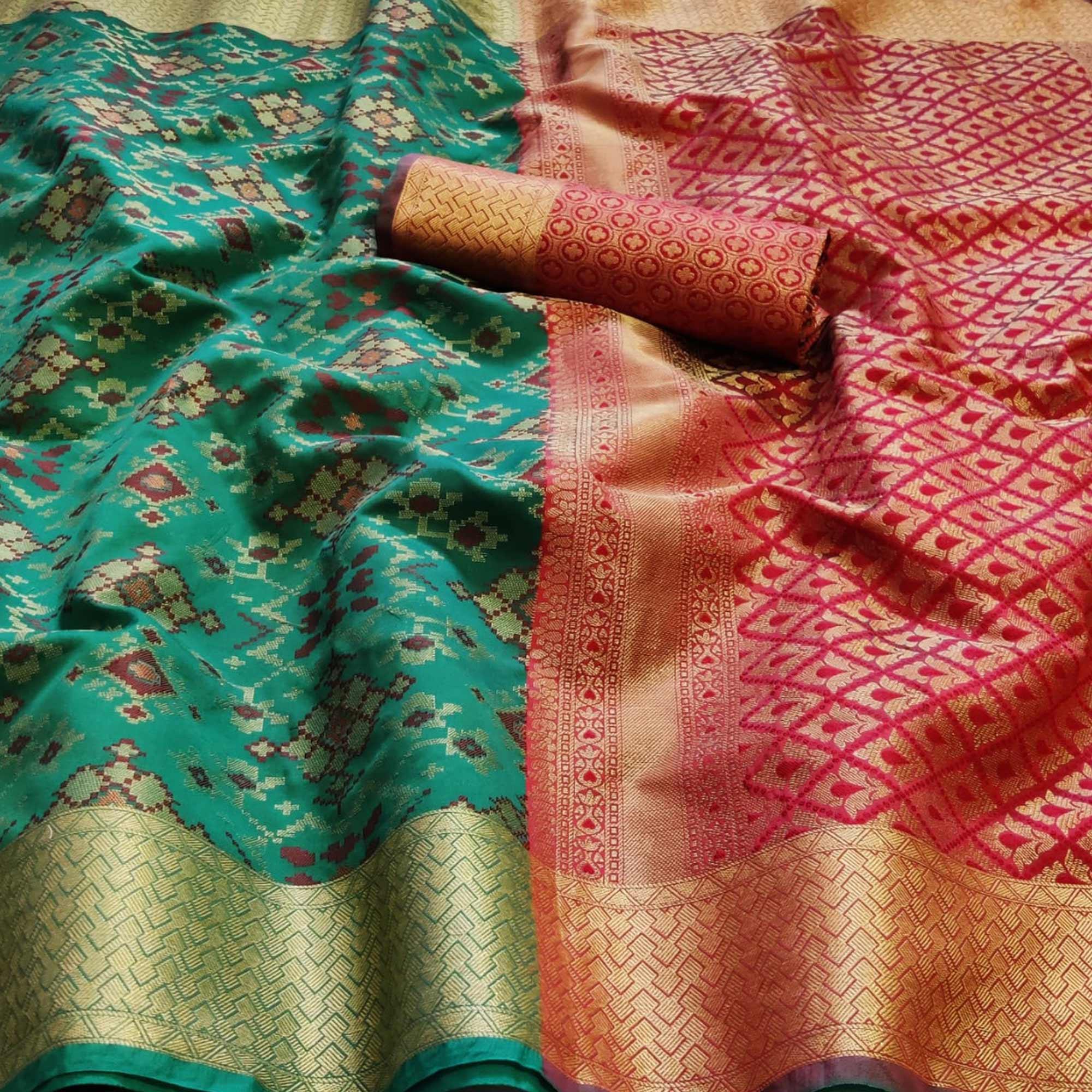Stunning Rama Green Colored Festive Wear Woven Patola Silk Saree - Peachmode