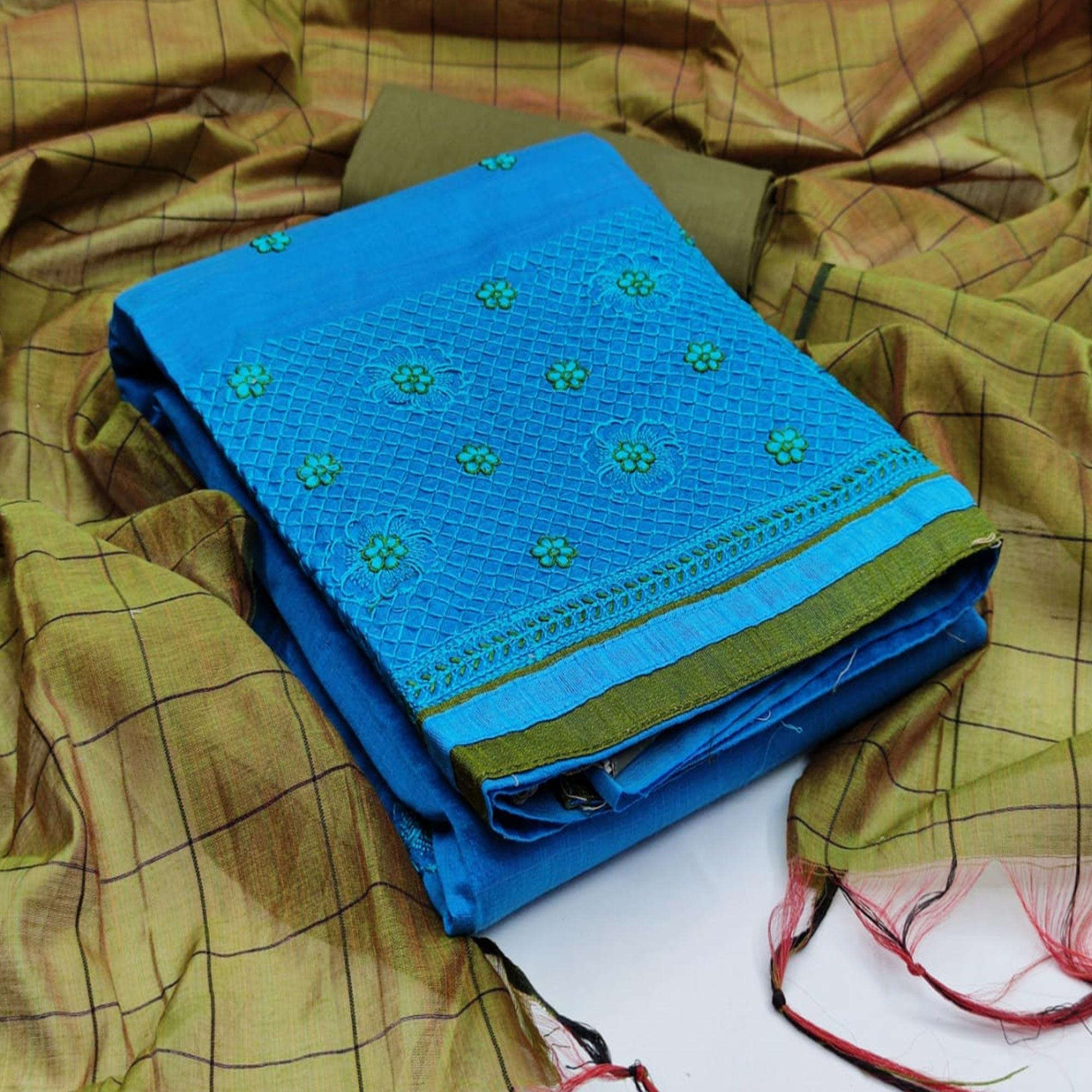 Stunning Rani Blue Colored Casual Wear Embroidered Banarasi Cotton Dress Material - Peachmode