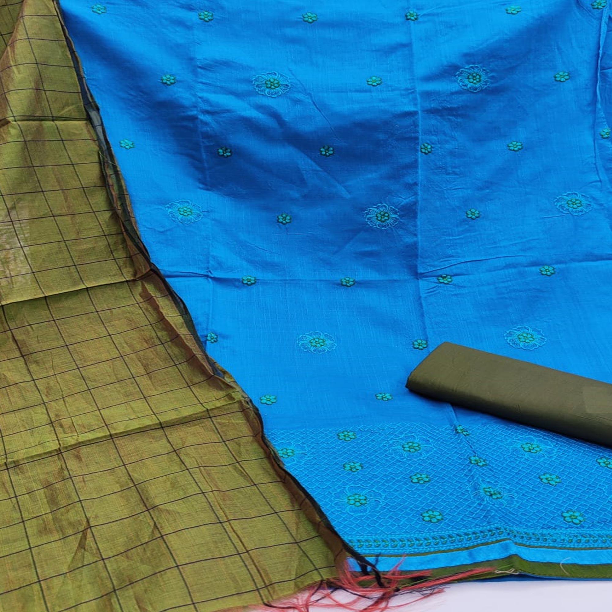 Stunning Rani Blue Colored Casual Wear Embroidered Banarasi Cotton Dress Material - Peachmode