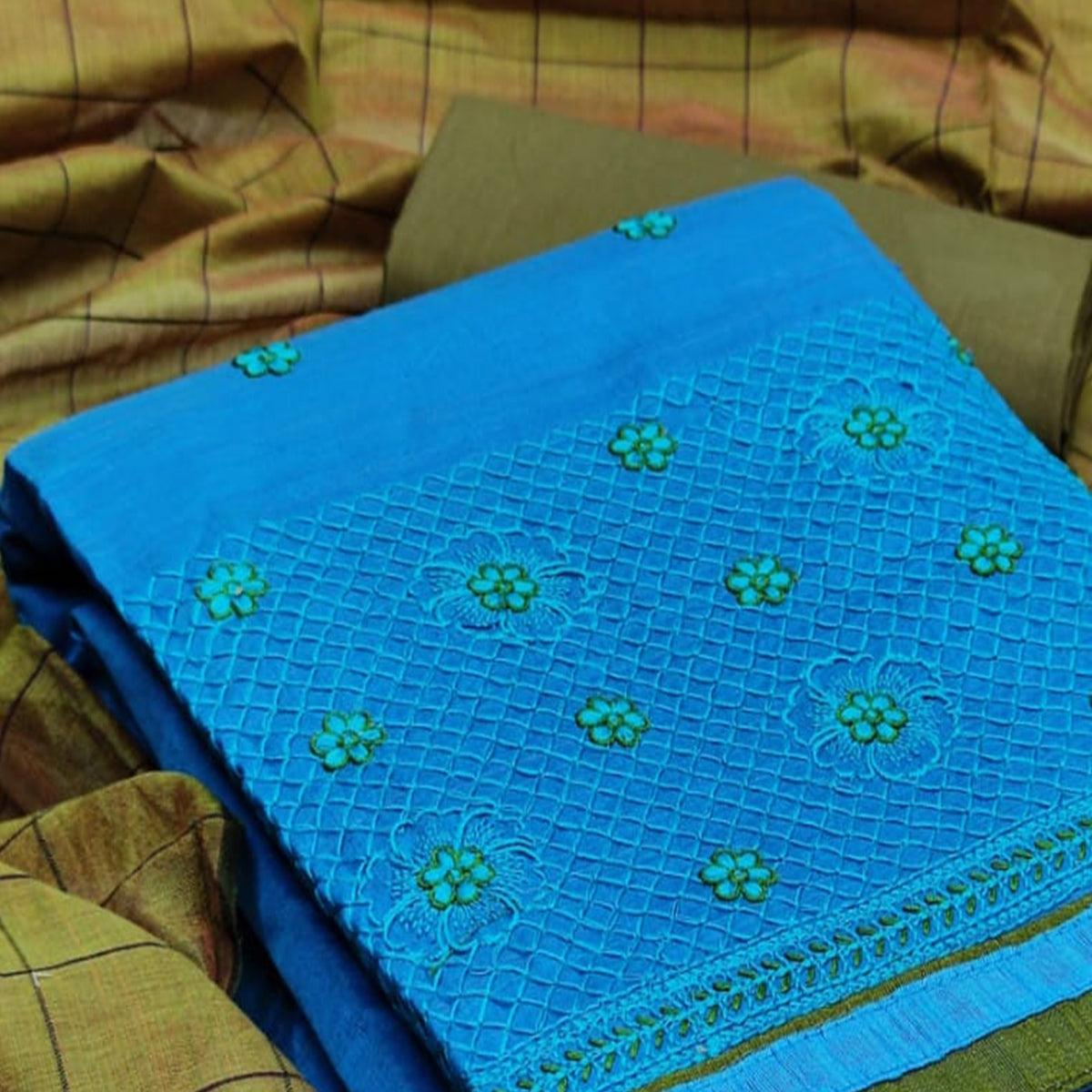 Stunning Rani Blue Colored Casual Wear Embroidered Banarasi Cotton Dress Material - Peachmode
