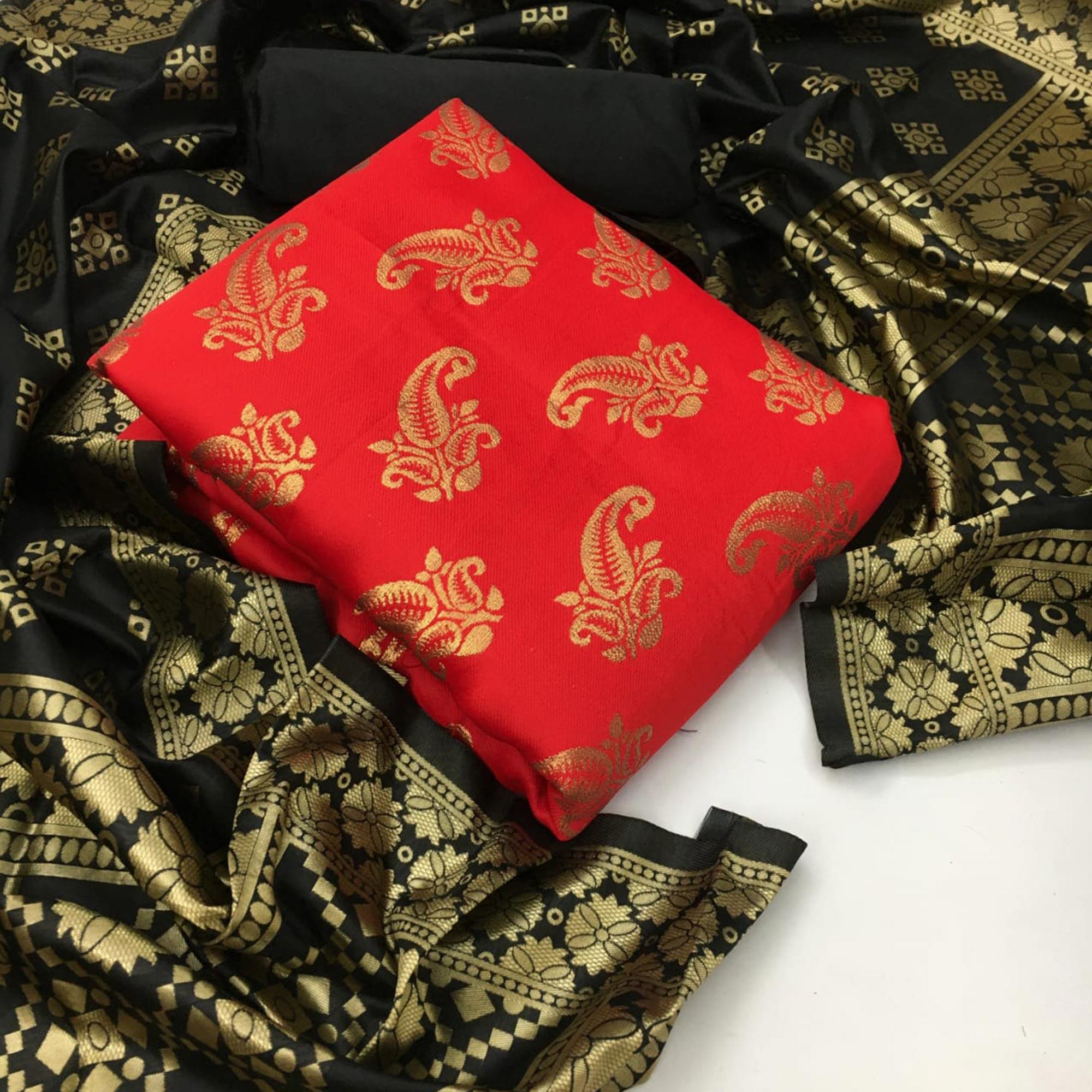 Stunning Red Colored Casual Wear Woven Banarasi Silk Dress Material - Peachmode