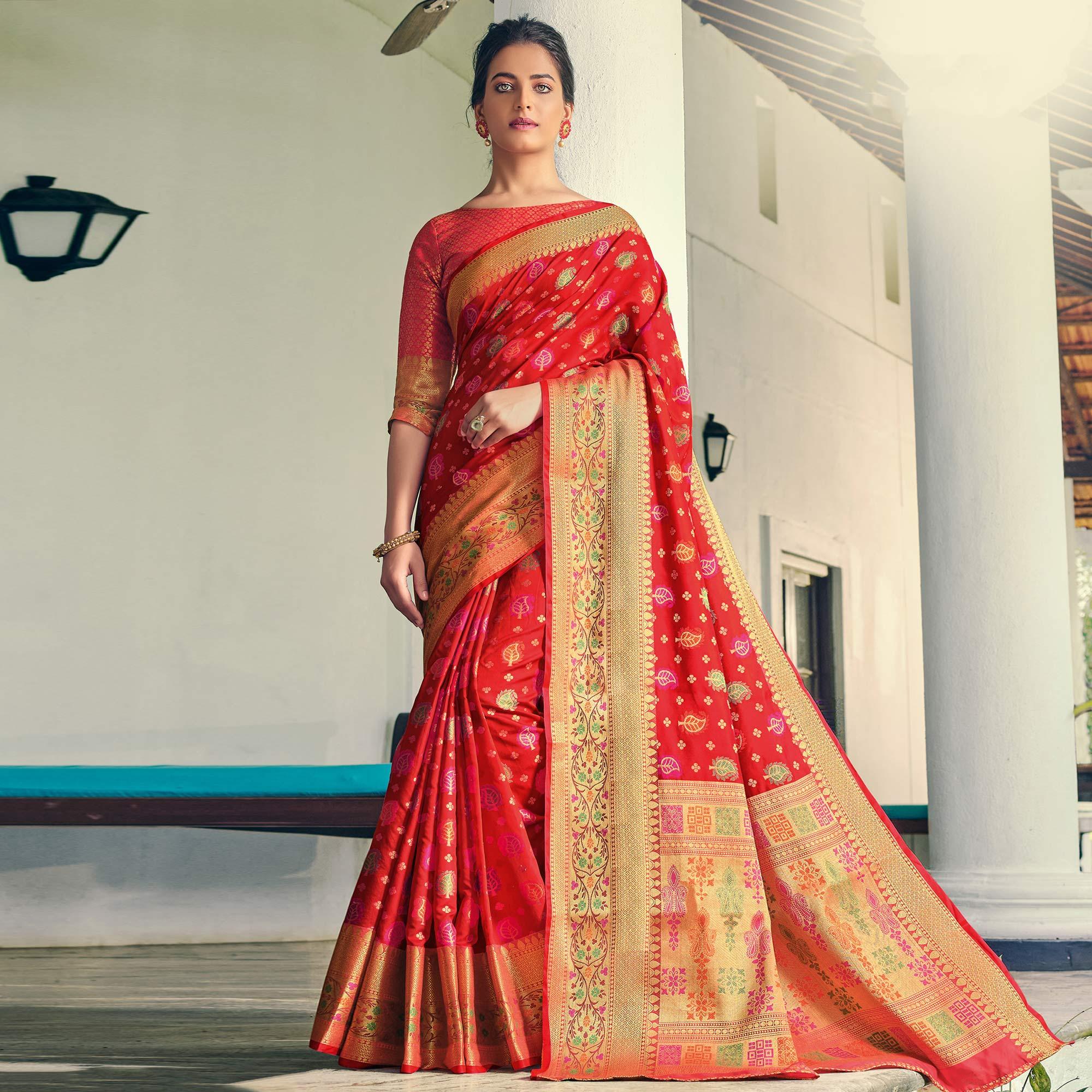 Stunning Red Colored Festive Wear Woven Heavy Banarasi Silk Saree - Peachmode