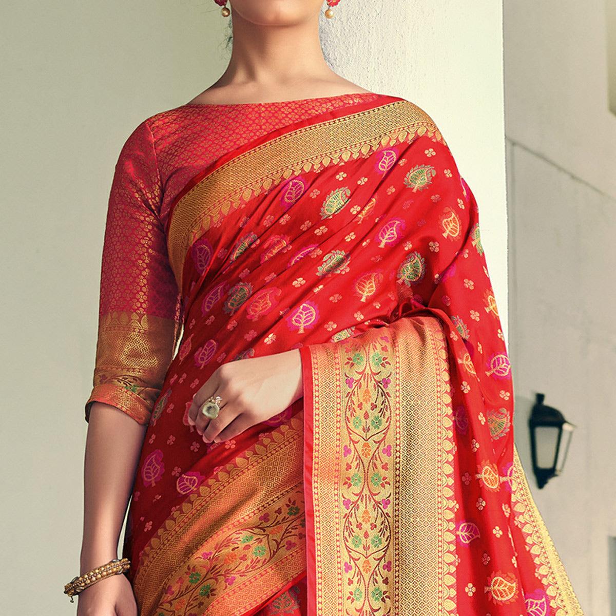 Stunning Red Colored Festive Wear Woven Heavy Banarasi Silk Saree - Peachmode