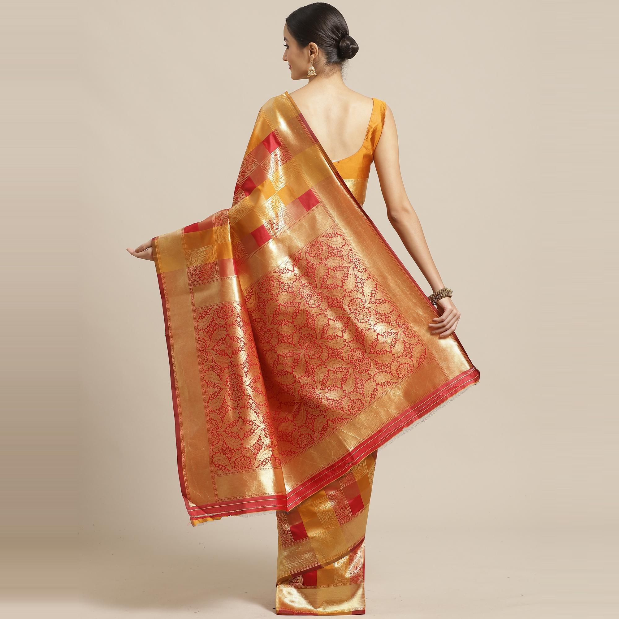 Stunning Red - Mustard Colored Festive Wear Woven Silk Blend Saree - Peachmode