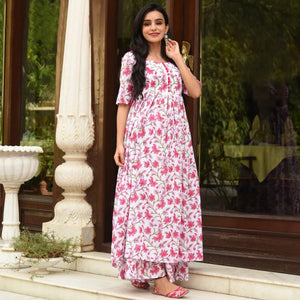 Stunning White Colored Casual Digital Printed Muslin Blend Kurti-Palazzo Set - Peachmode