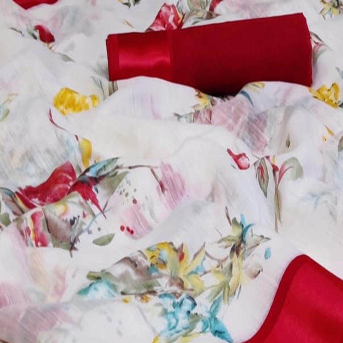 Stunning White - Maroon Colored Casual Wear Fancy Printed Linen Saree - Peachmode