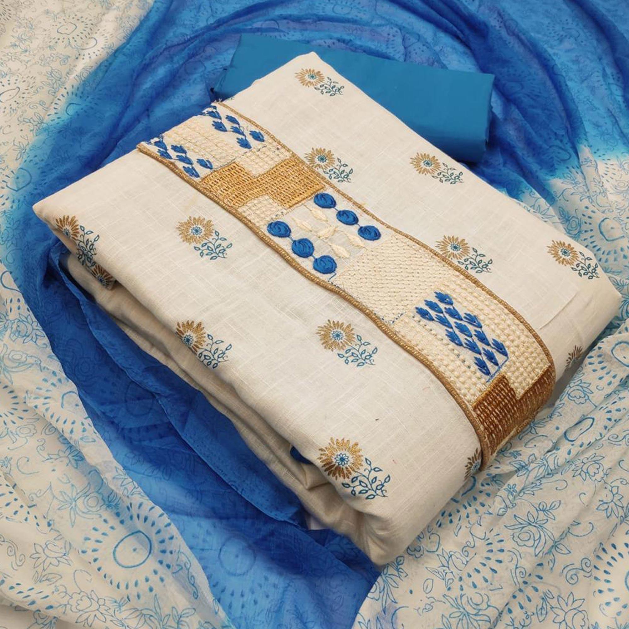 Stunning White - Sky Blue Colored Casual Wear Embroidered Cotton Dress Material - Peachmode
