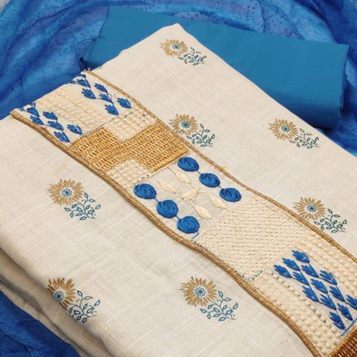 Stunning White - Sky Blue Colored Casual Wear Embroidered Cotton Dress Material - Peachmode