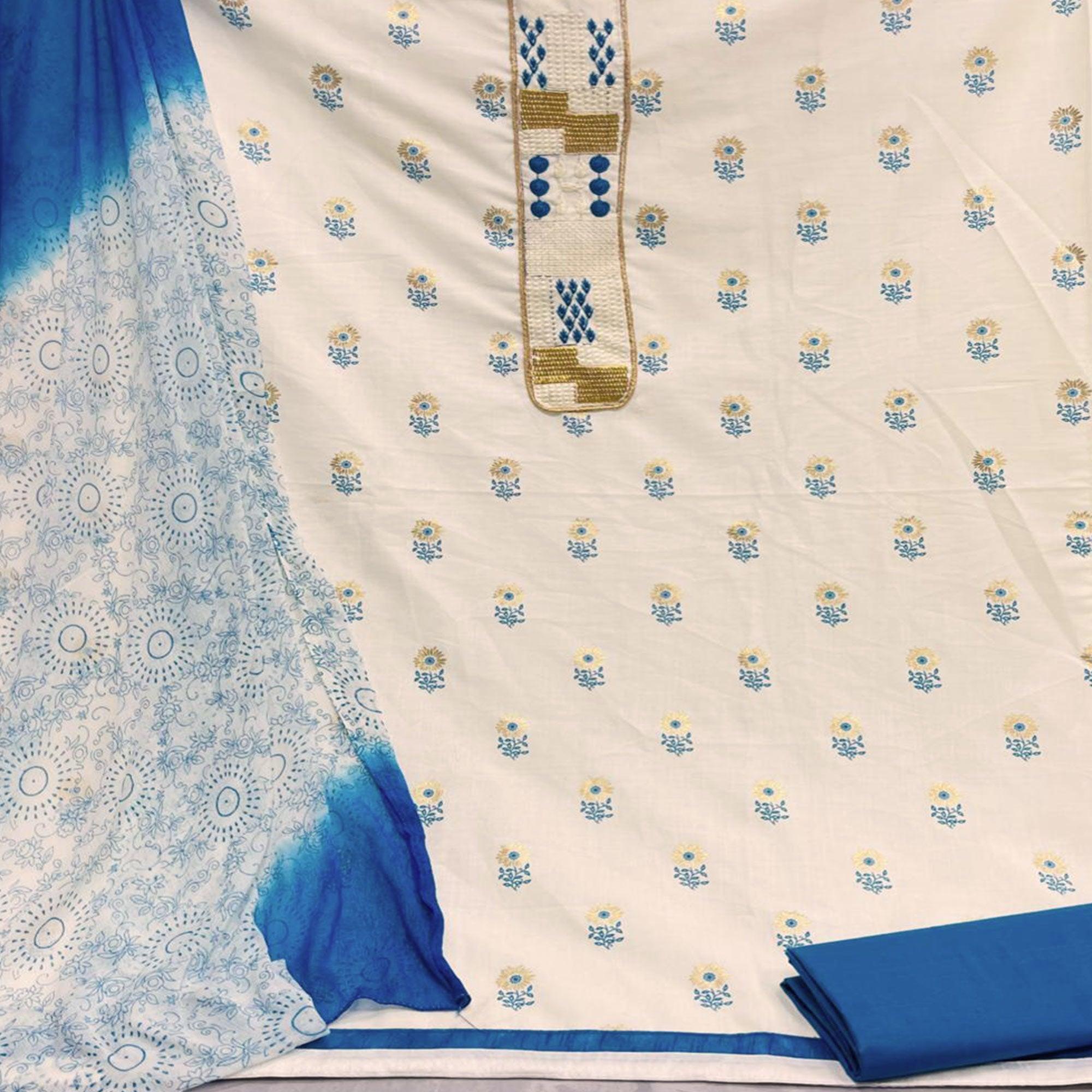 Stunning White - Sky Blue Colored Casual Wear Embroidered Cotton Dress Material - Peachmode