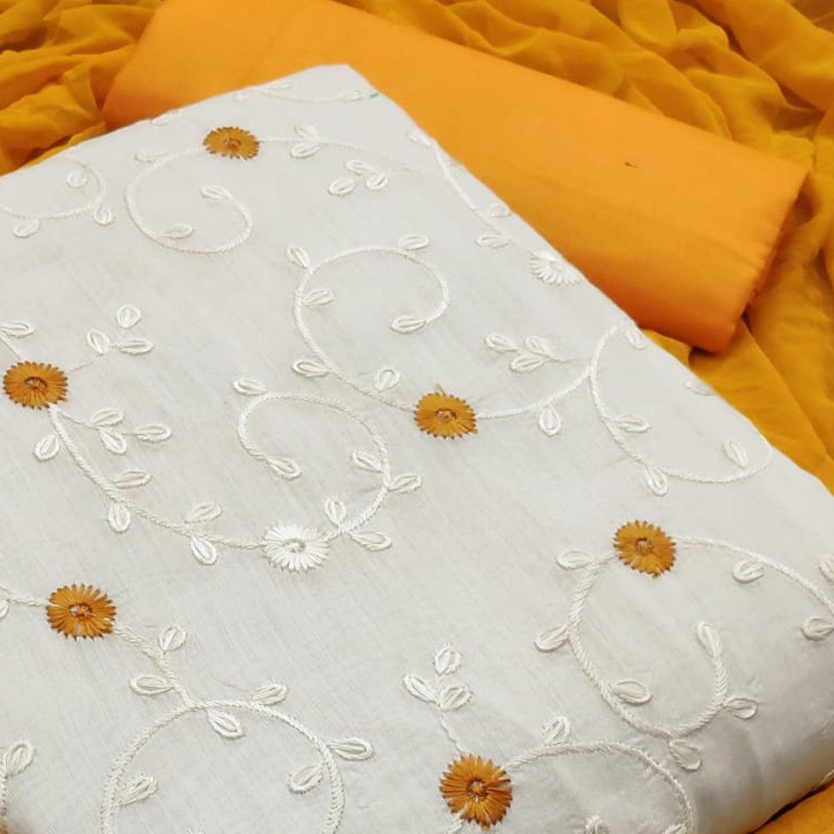 Stunning White - Yellow Colored Casual Wear Emboidered Modal Dress Material - Peachmode