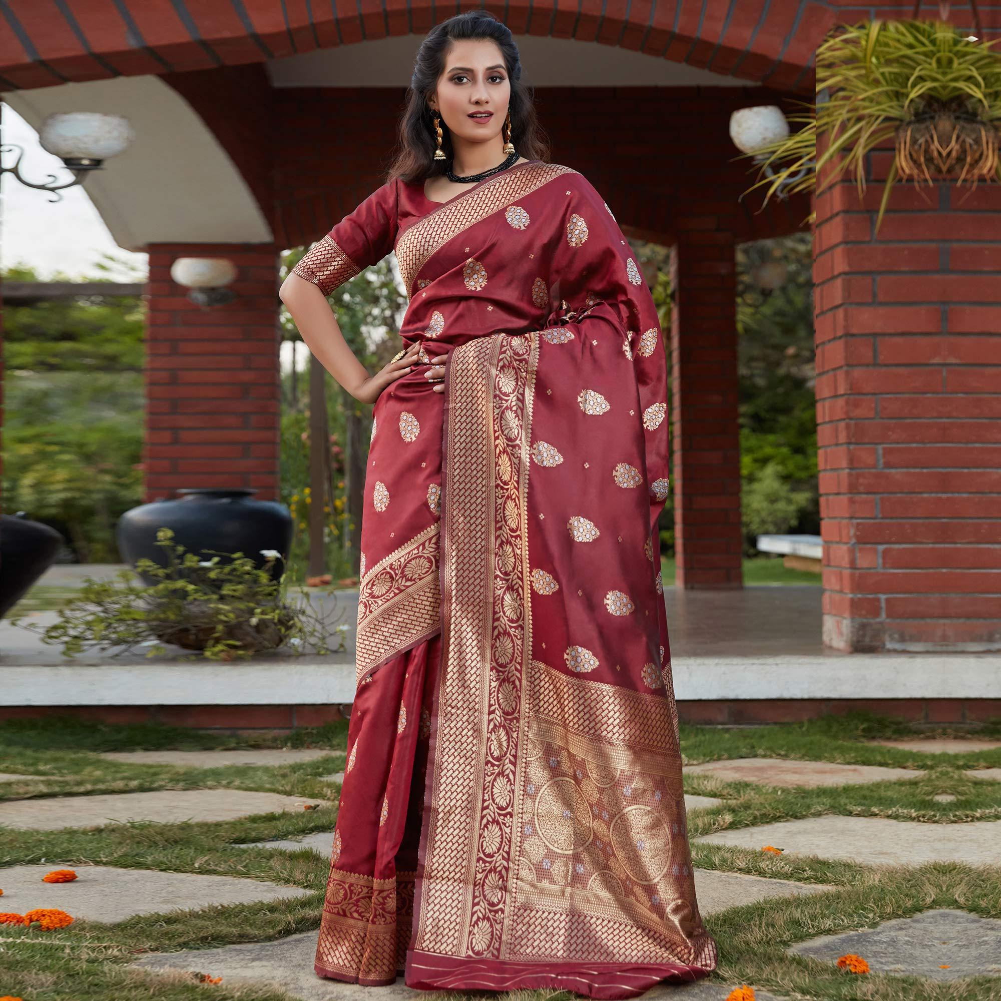 Stunning Wine Colored Festive Wear Woven Banarasi Silk Saree - Peachmode
