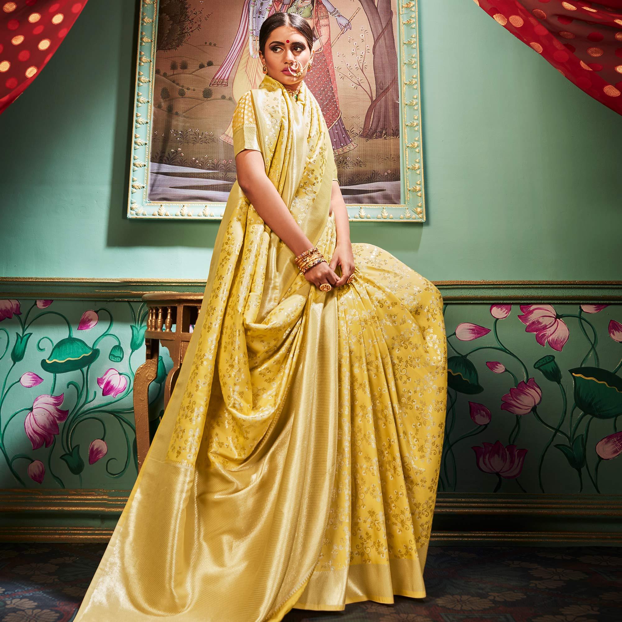 Stunning Yellow Colored Festive Wear Woven Banarasi Silk Saree - Peachmode