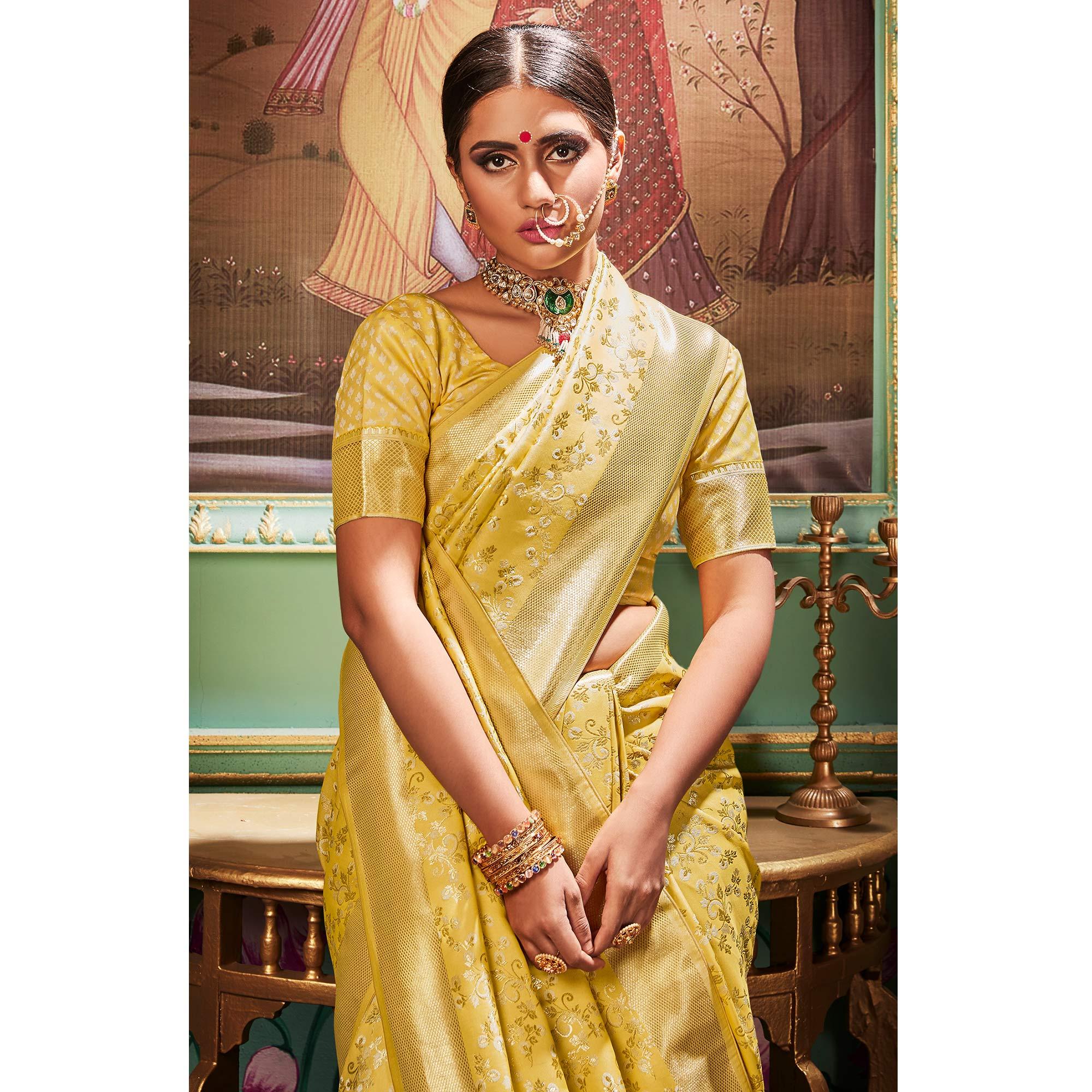 Stunning Yellow Colored Festive Wear Woven Banarasi Silk Saree - Peachmode