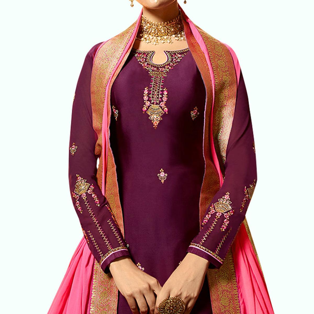 Stylish Purple Colored Partywear Embroidered Satin Georgette Lehenga Kameez - Peachmode