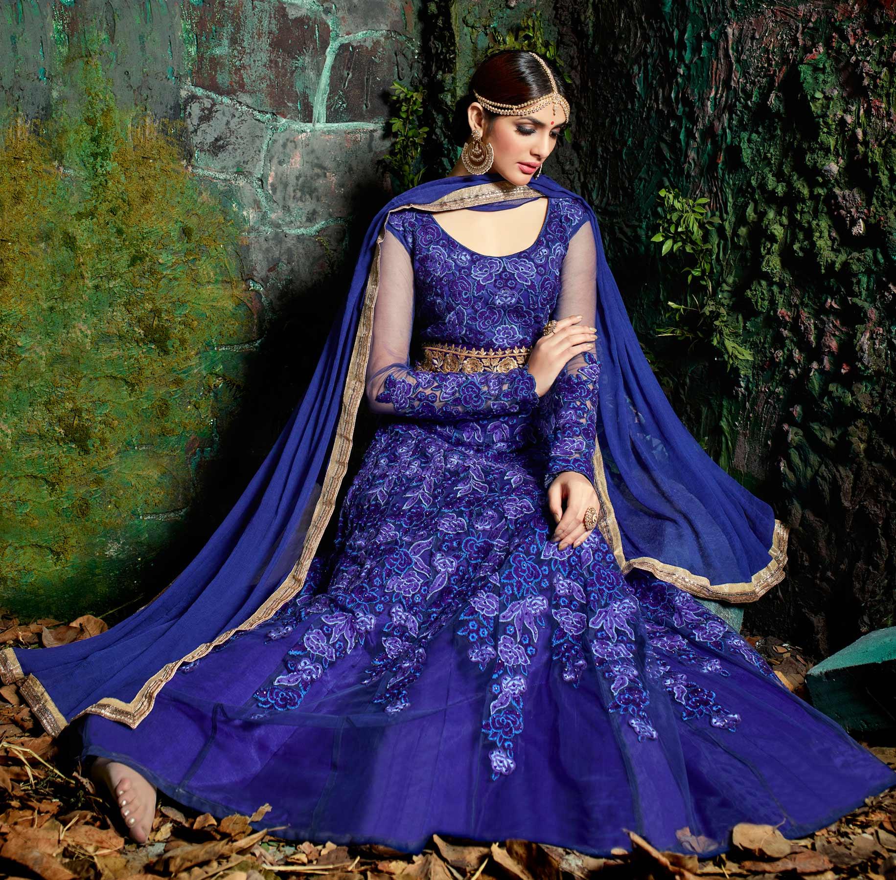 Stylish Royal Blue Five Star Net Designer Anarkali Suit - Peachmode