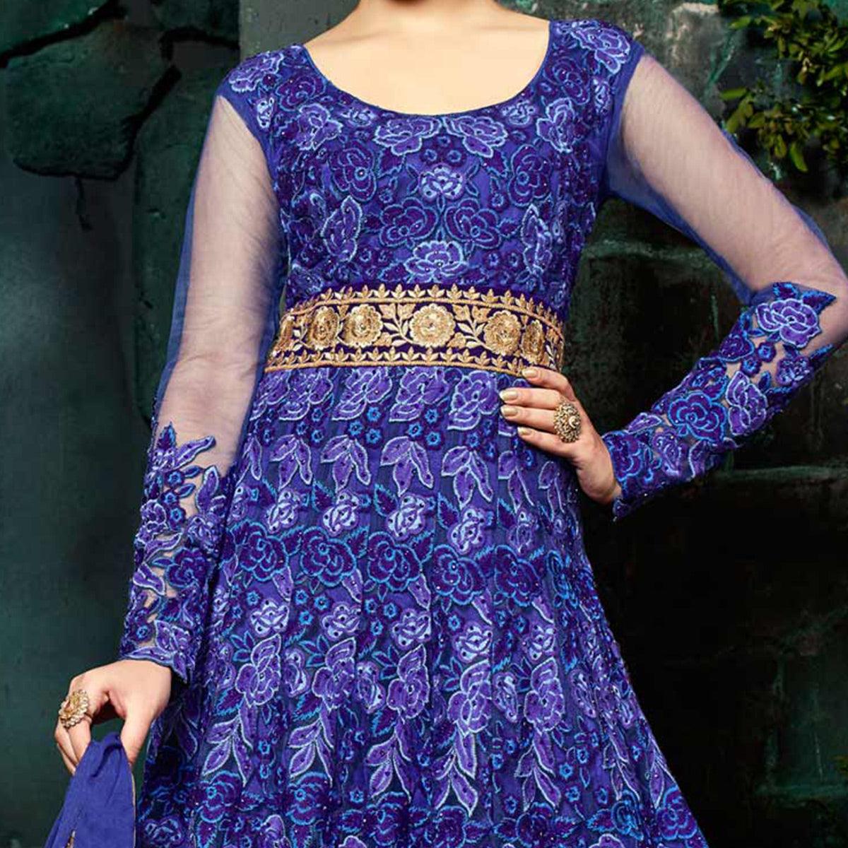 Stylish Royal Blue Five Star Net Designer Anarkali Suit - Peachmode