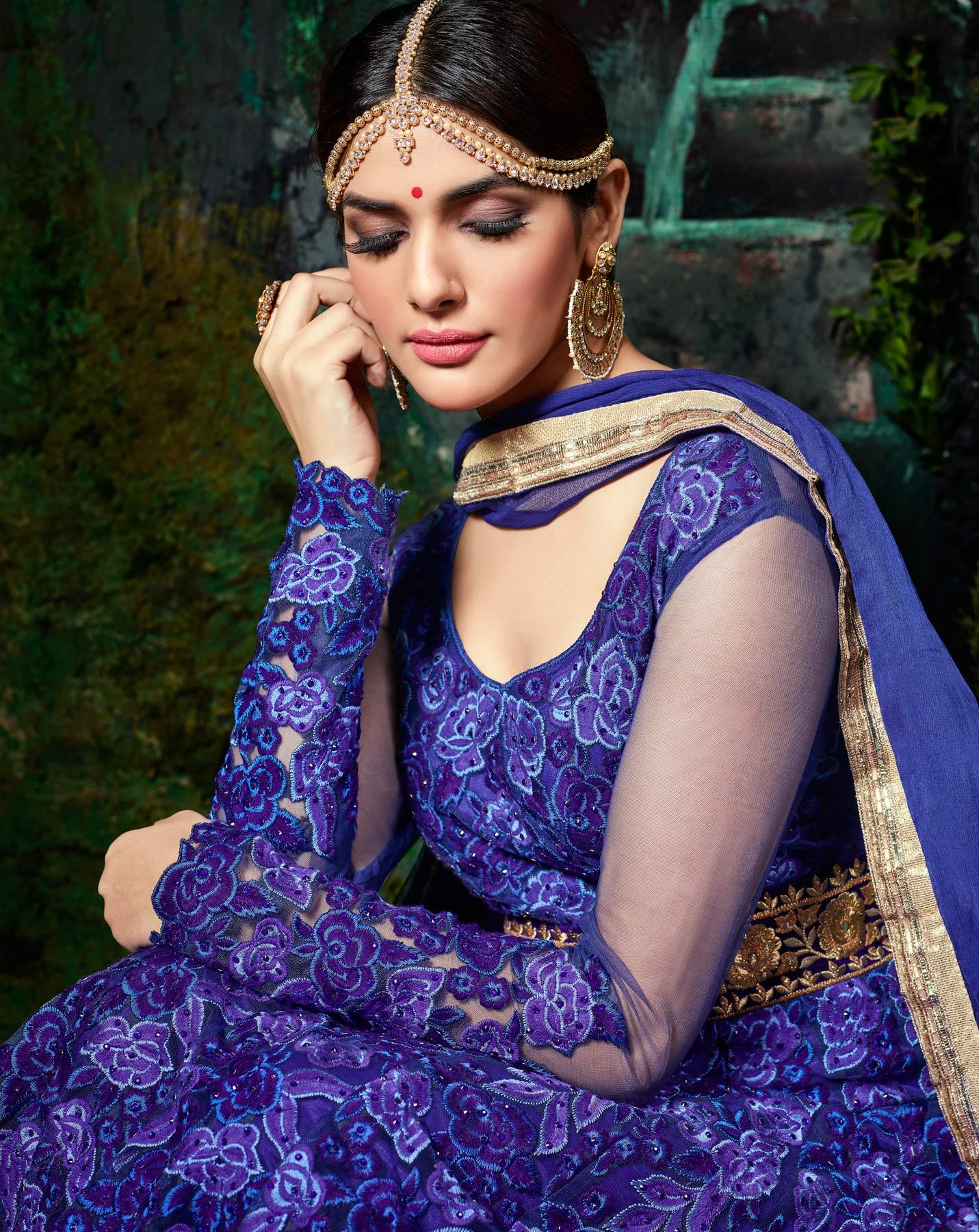 Stylish Royal Blue Five Star Net Designer Anarkali Suit - Peachmode