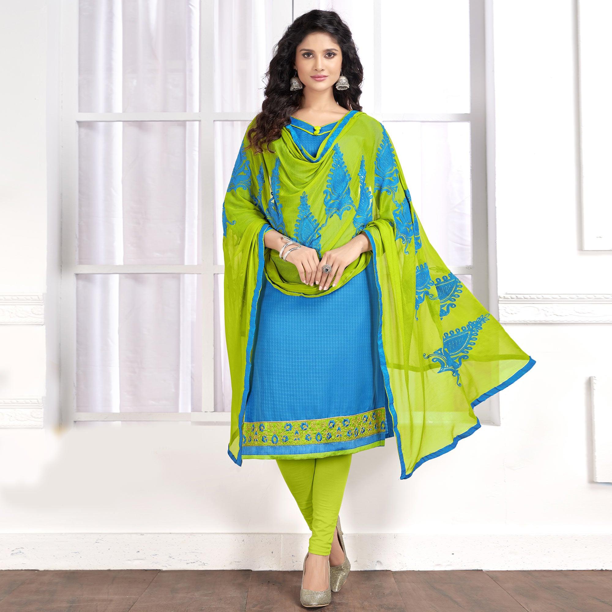 Stylish Sky Blue Colored Partywear Embroidered Cotton Suit - Peachmode