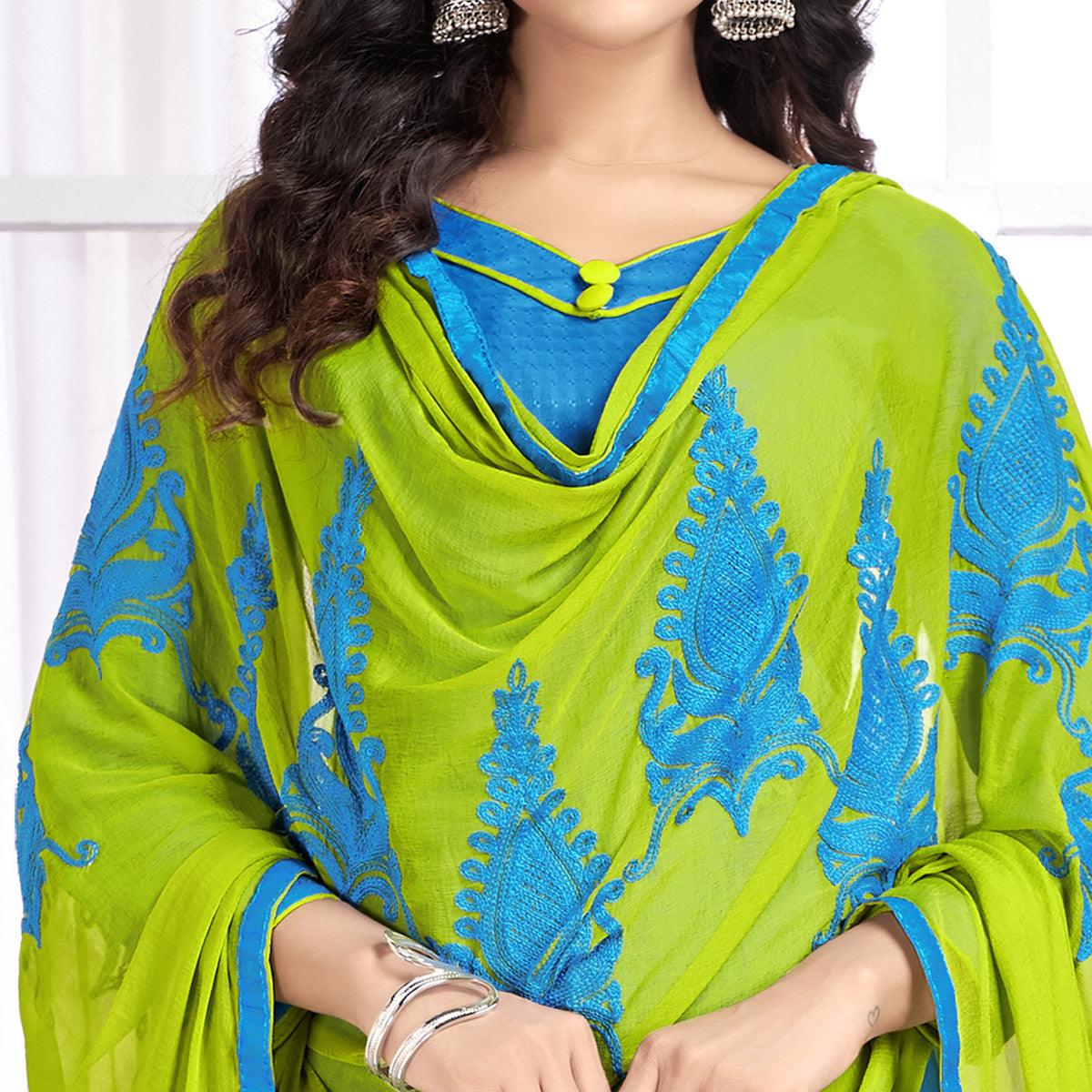Stylish Sky Blue Colored Partywear Embroidered Cotton Suit - Peachmode