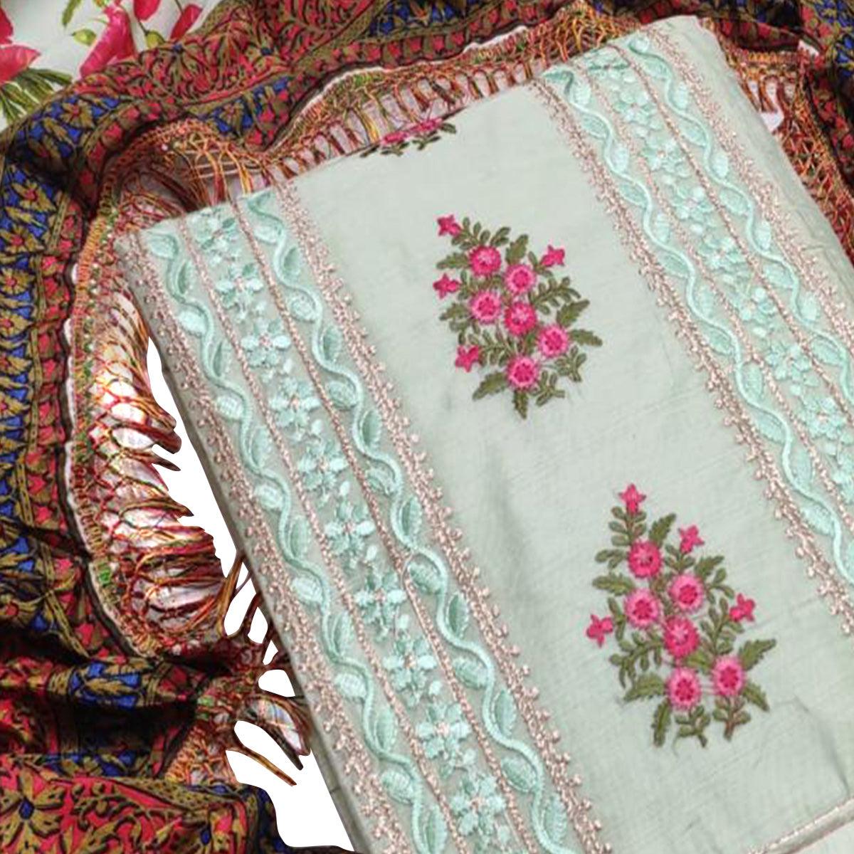 Surpassing Aqua Blue Colored Casual Wear Embroidered Chanderi Dress Material - Peachmode