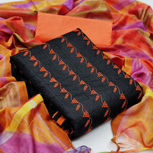 Surpassing Black - Peach Colored  Casual Wear Embroidered Cotton Dress Material - Peachmode