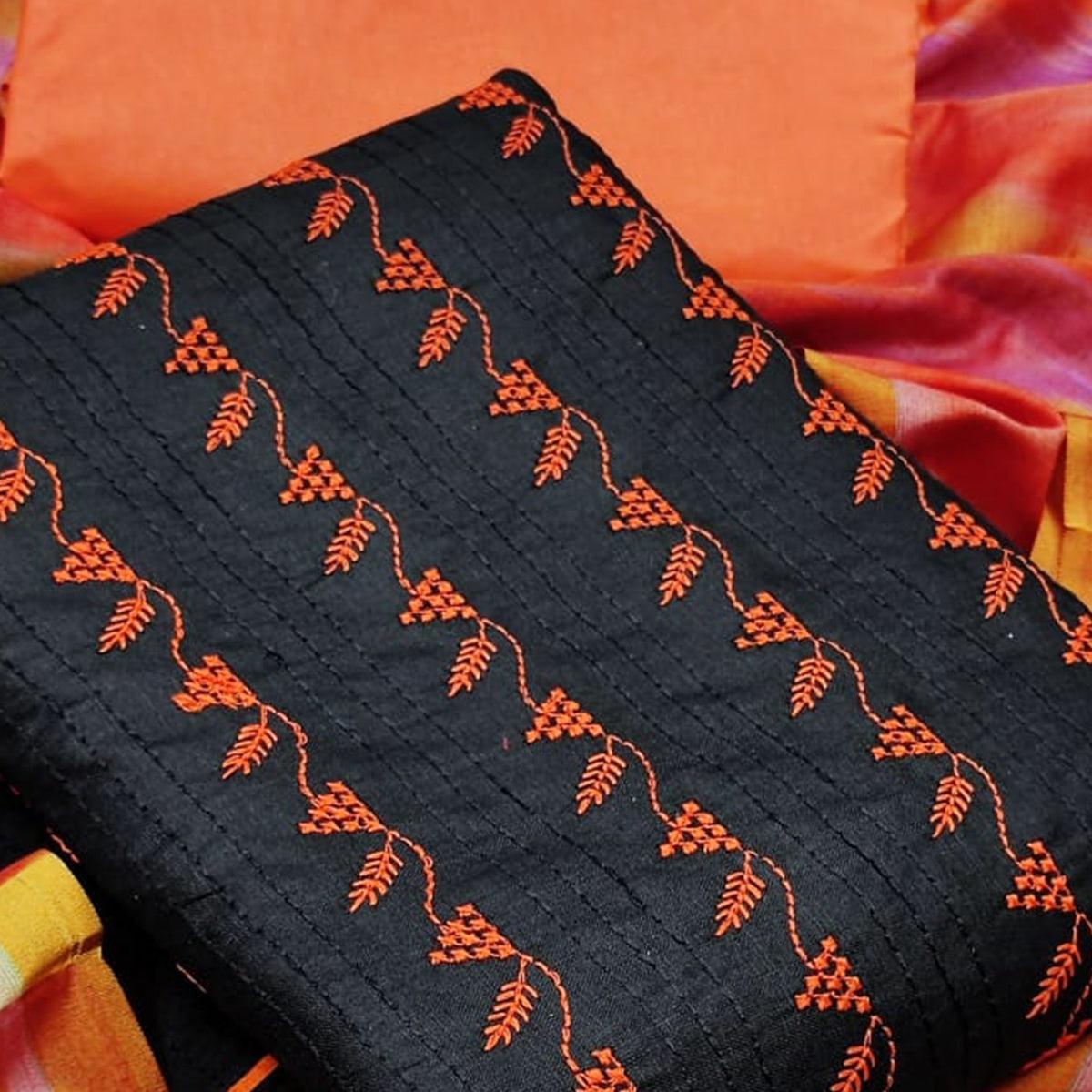 Surpassing Black - Peach Colored  Casual Wear Embroidered Cotton Dress Material - Peachmode