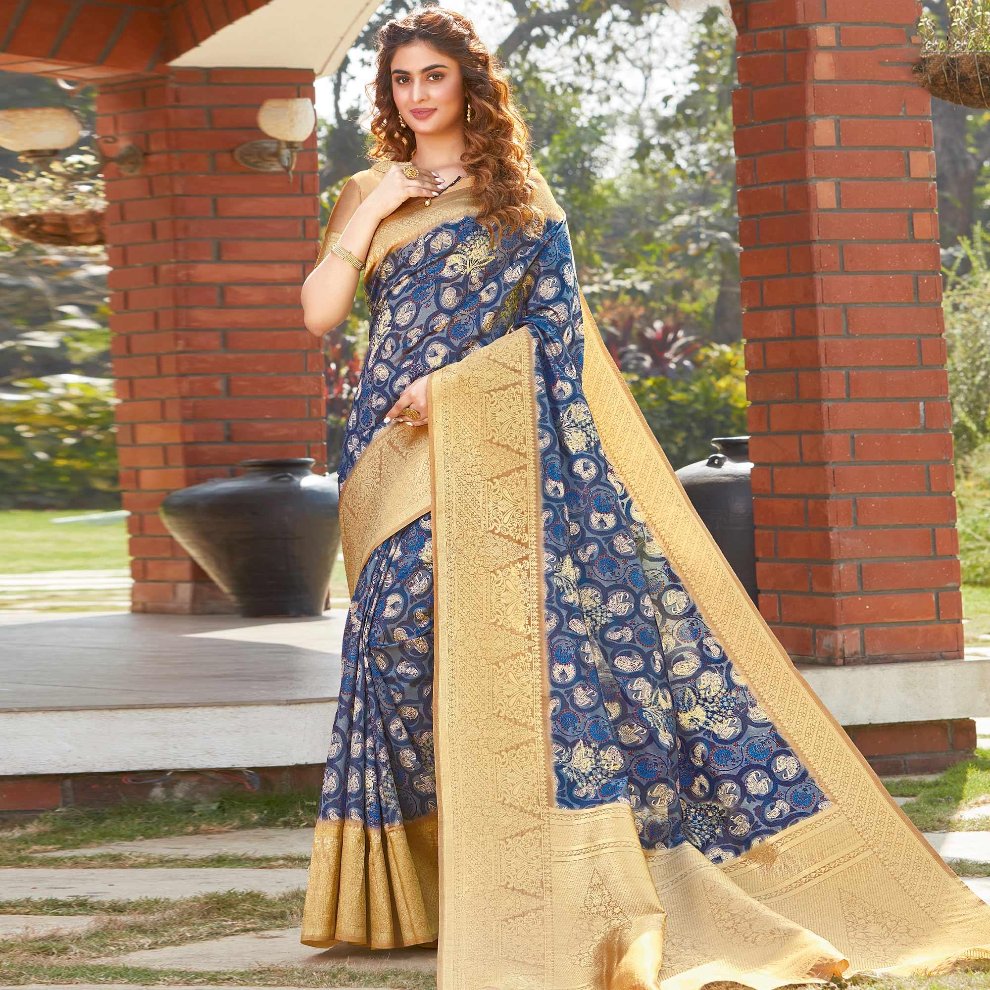 Surpassing Blue Colored Festive Wear Digital Printed Silk Saree - Peachmode