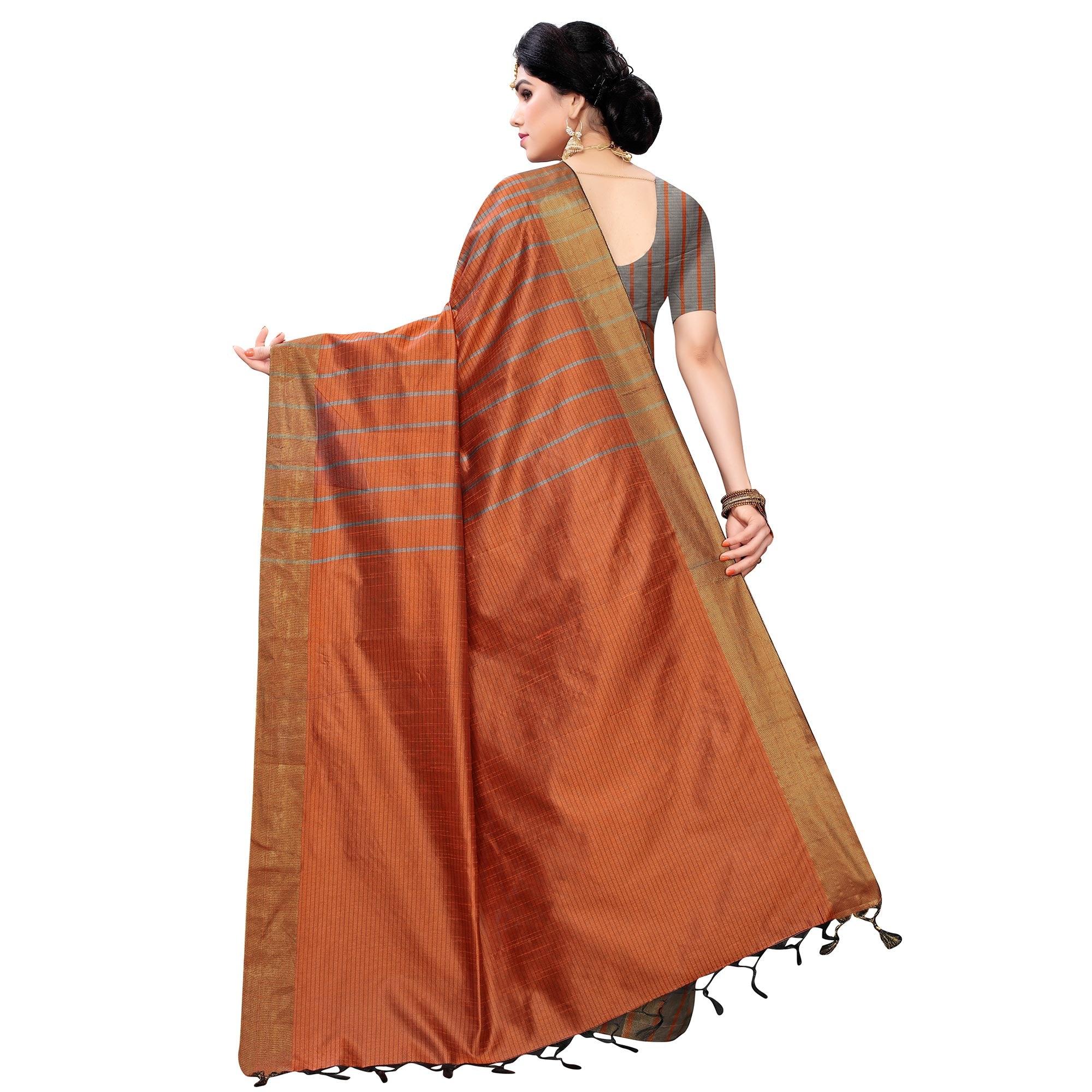 Surpassing Brown Colored Festive Wear Cotton Silk Saree With Tassels - Peachmode