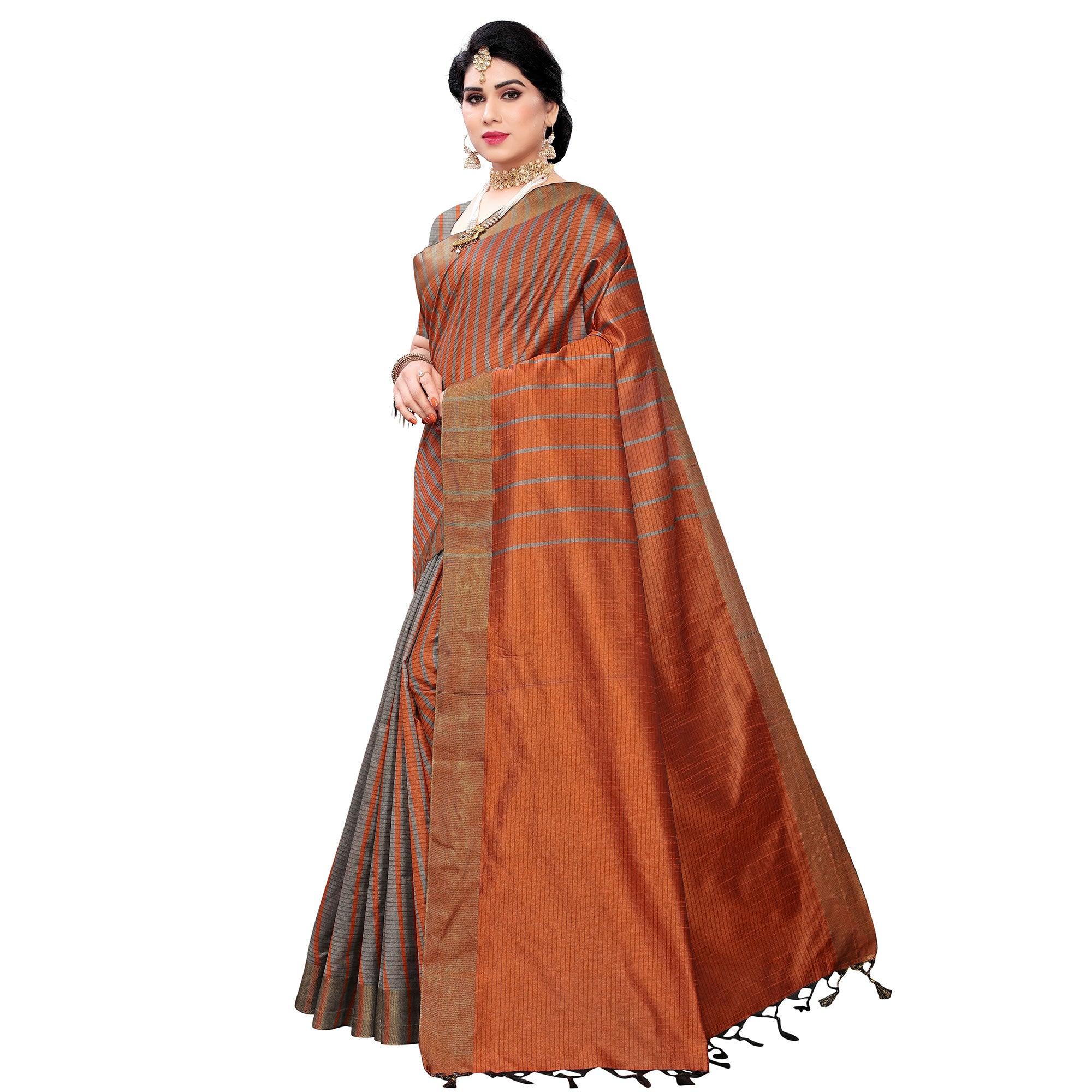 Surpassing Brown Colored Festive Wear Cotton Silk Saree With Tassels - Peachmode