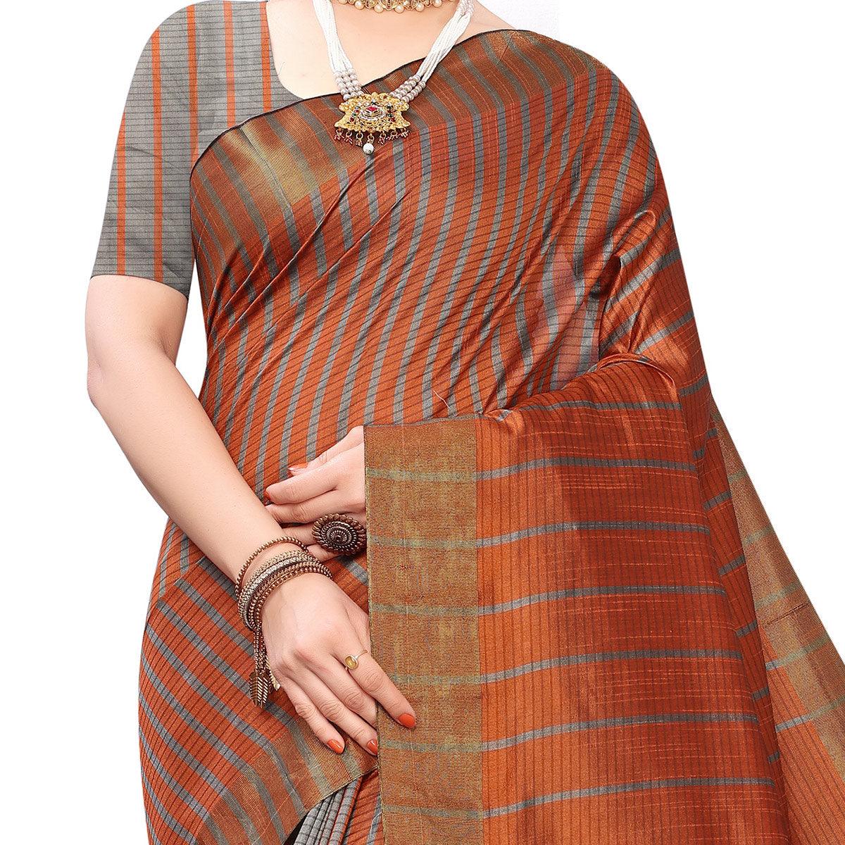 Surpassing Brown Colored Festive Wear Cotton Silk Saree With Tassels - Peachmode