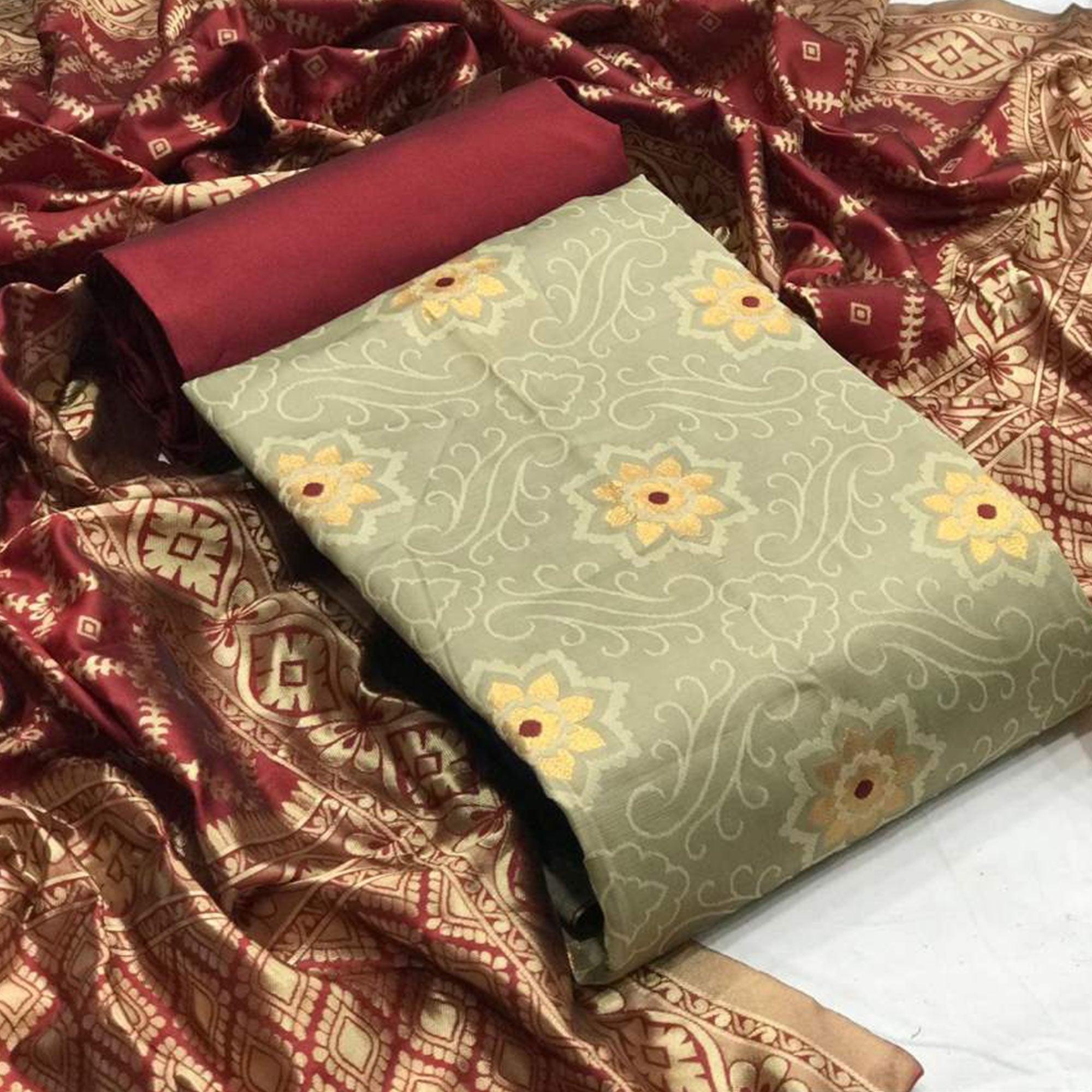 Surpassing Chiku Colored Casual Wear Banarasi Silk Dress Material - Peachmode